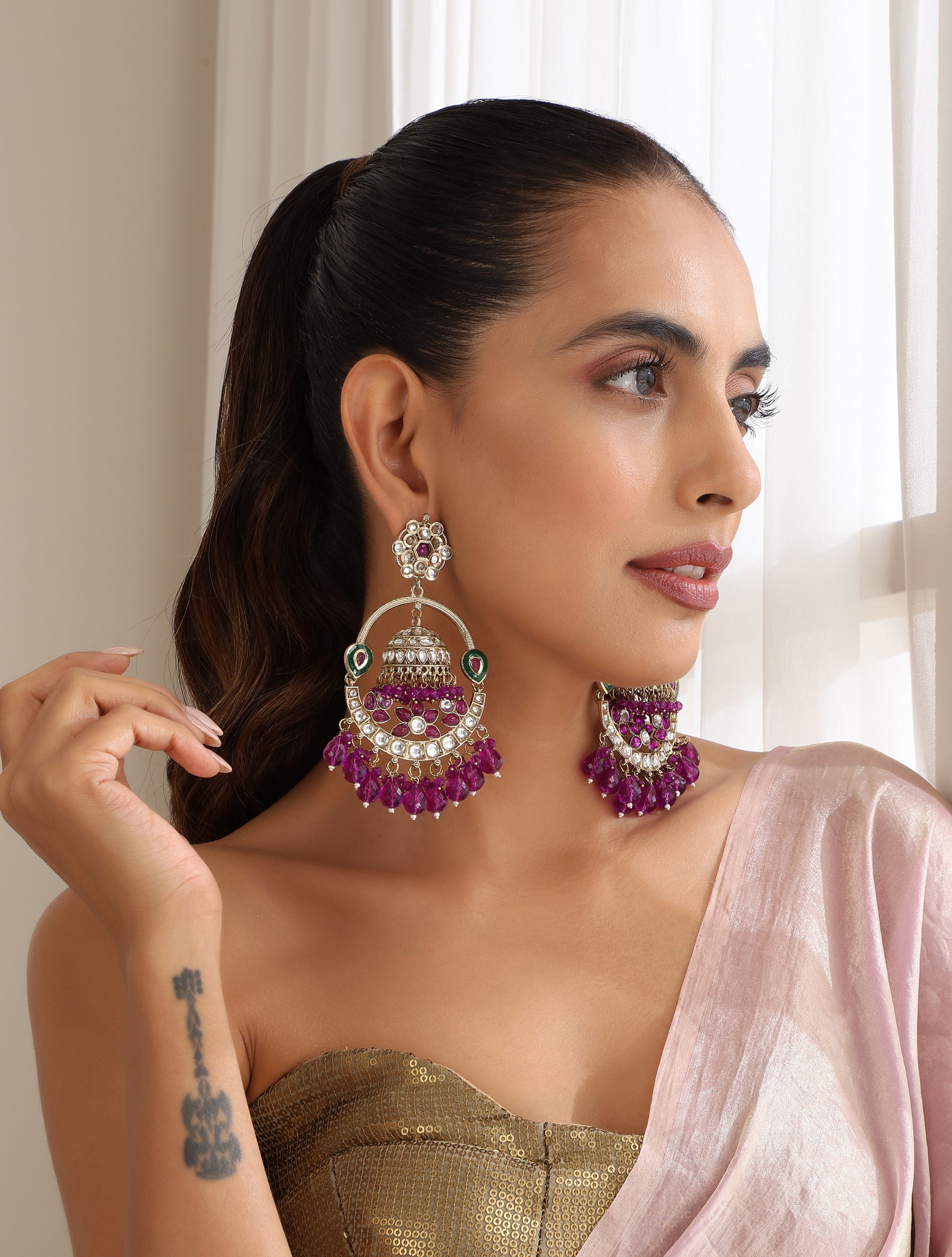 Purple Color Round Kundan Jhumka Earrings