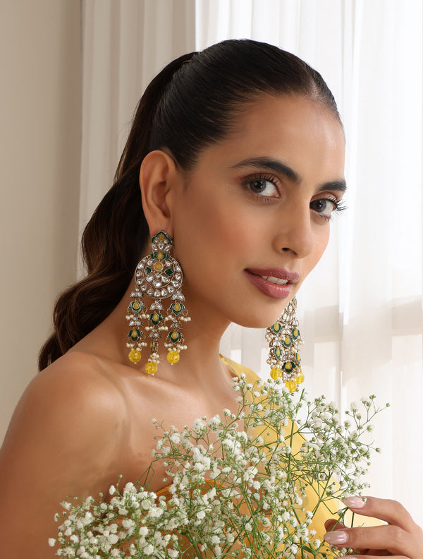 Yellow Color Kundan Long Earrings