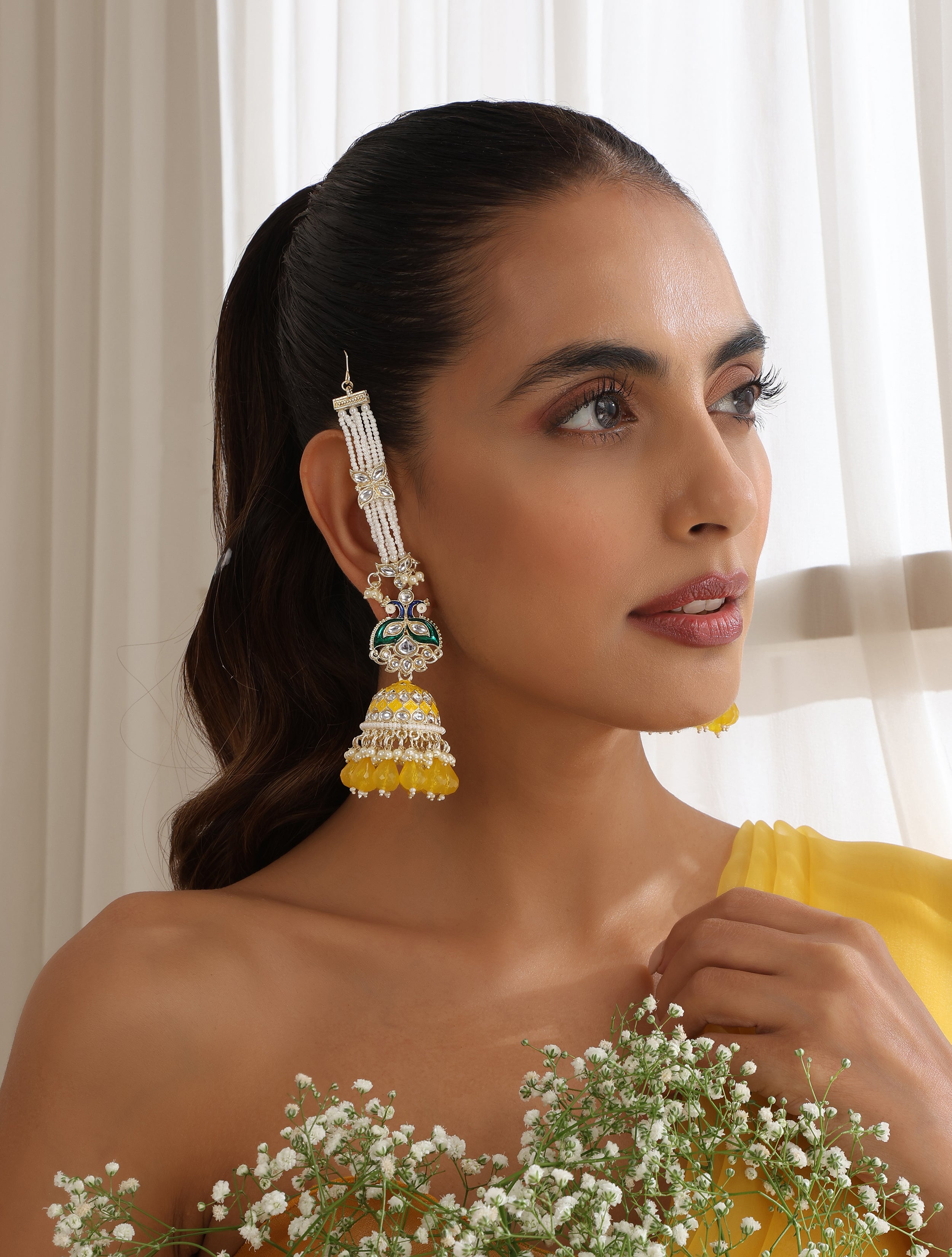 Yellow Color Meenakari Kundan Earrings