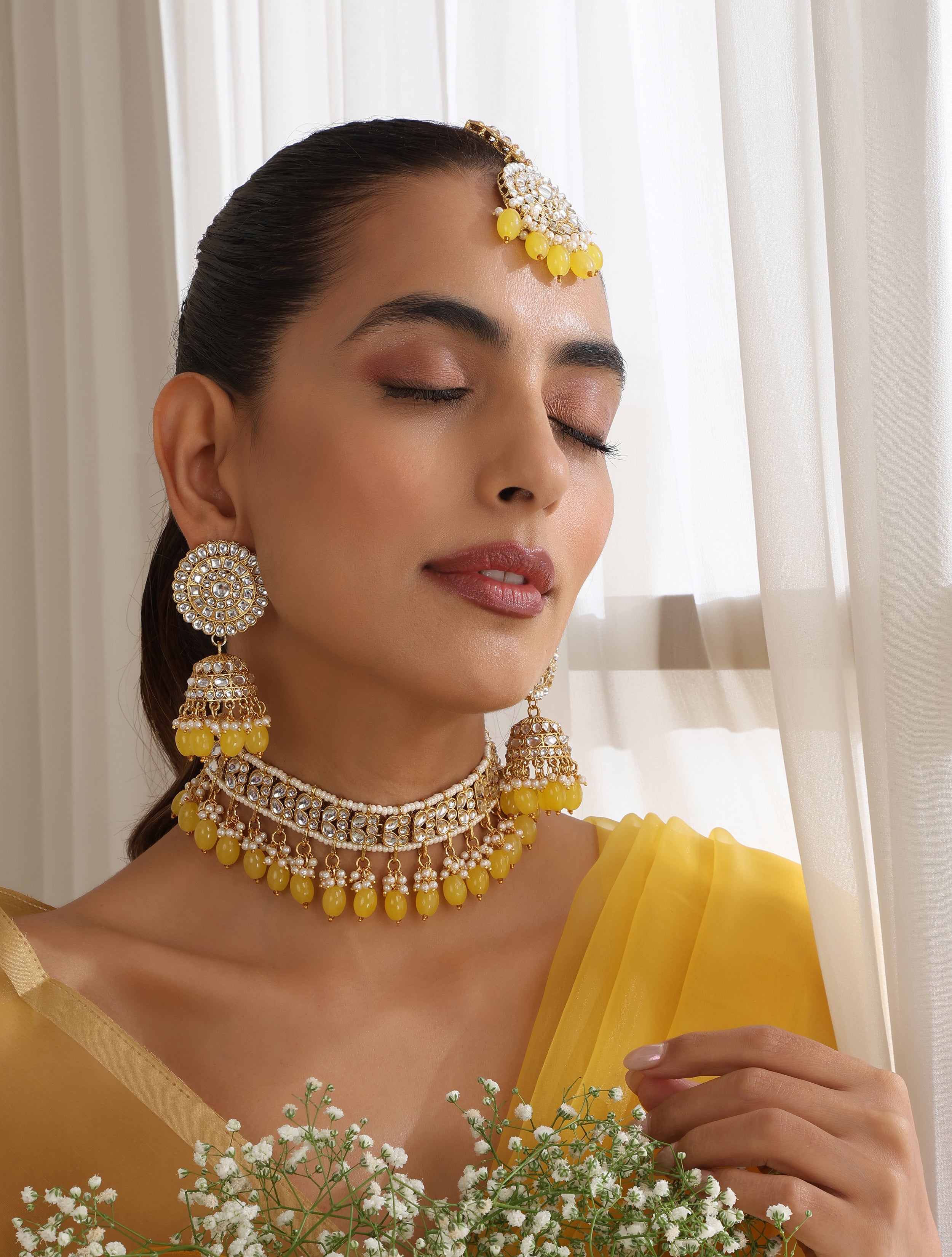 Yellow Color Drop Choker Kundan Necklace, Earring and Maang Teeka Set