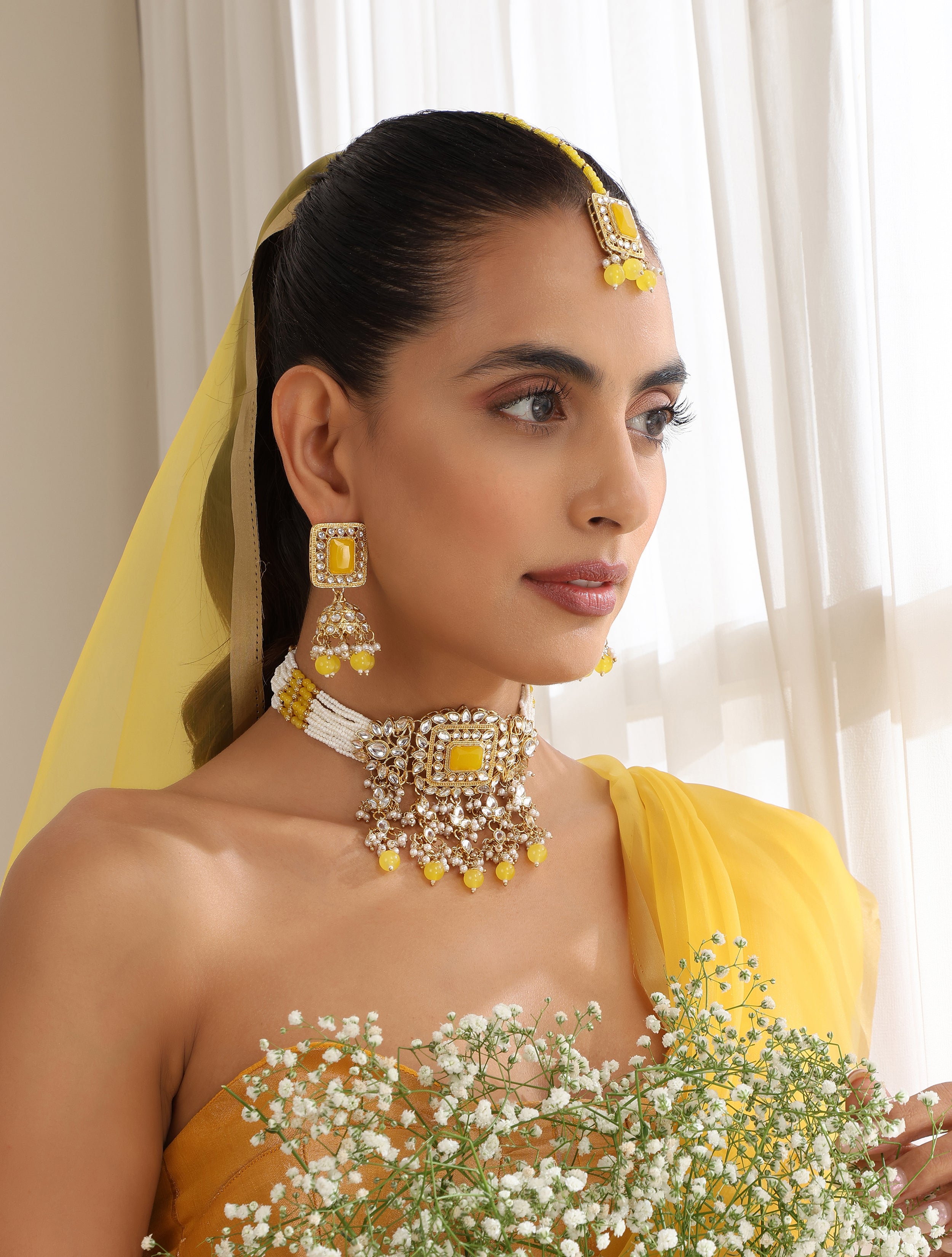 Yellow Pearl Choker Kundan Necklace, Earring and Maang Teeka Set