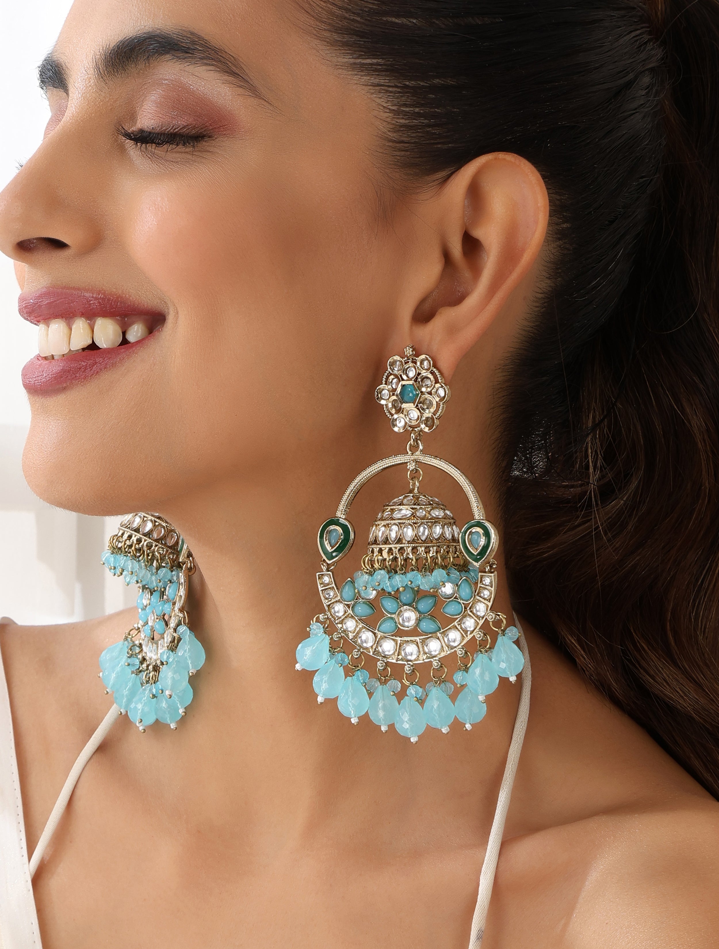 Sky Blue Color Round Kundan Jhumka Earrings