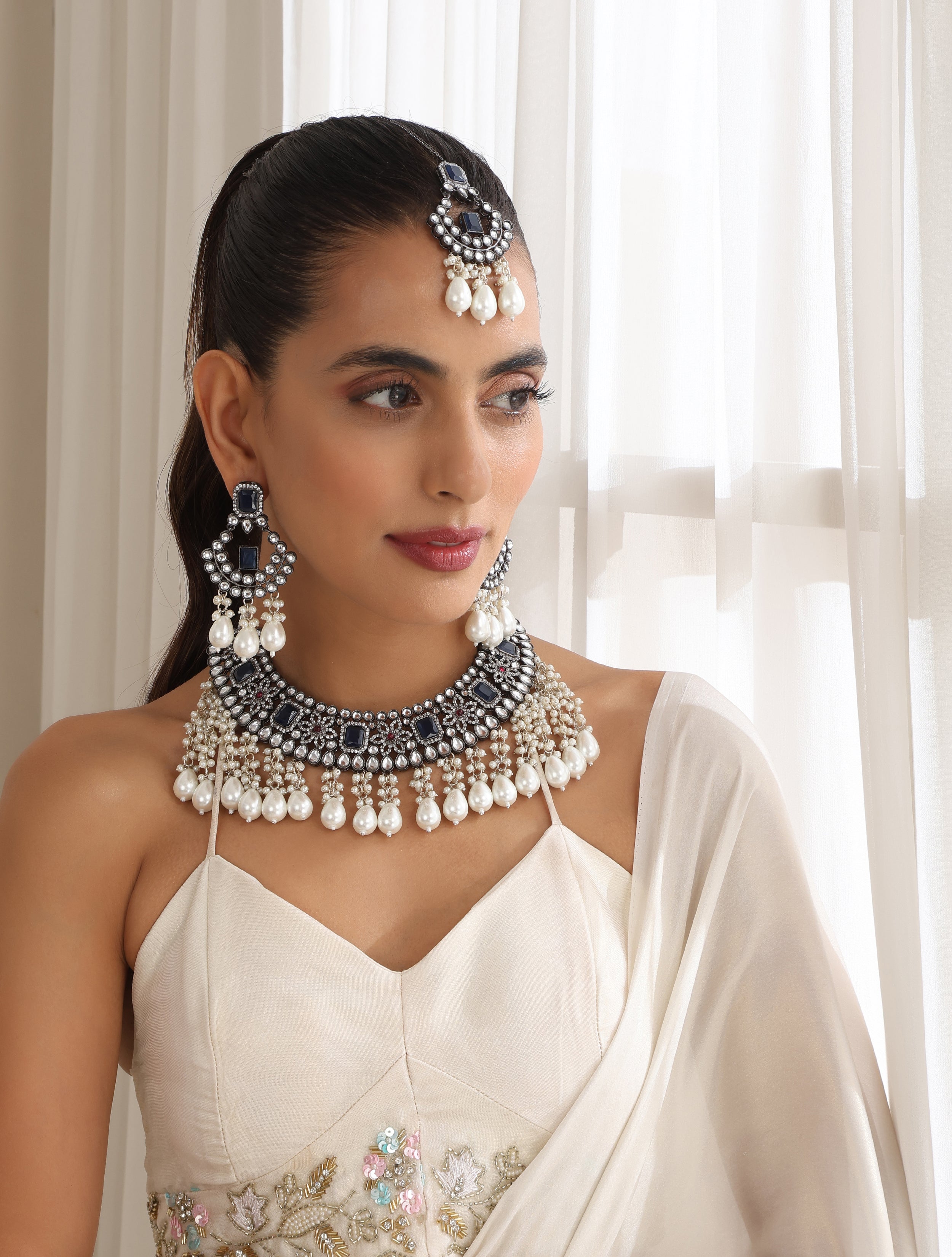 Blue Pearl Drop American Diamond Necklace, Earring and Maang Teeka Set