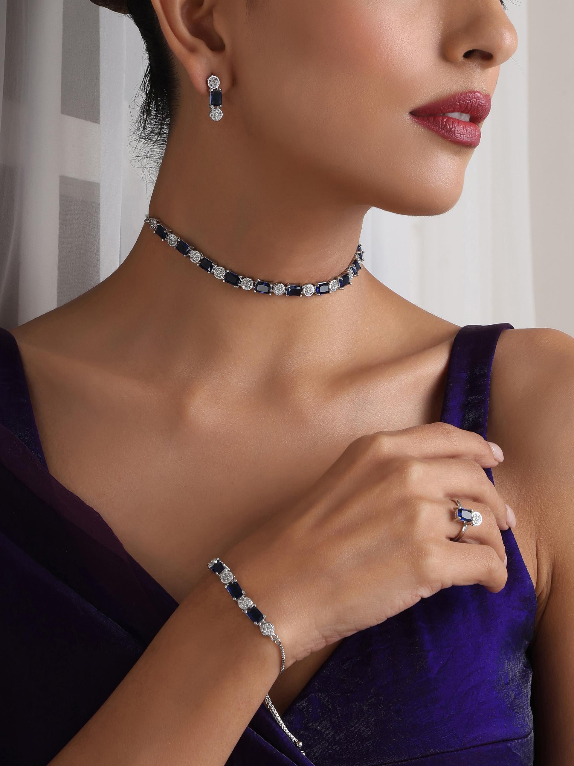 SET - Blue Diamond Necklace, Earring, Ring, Bracelet