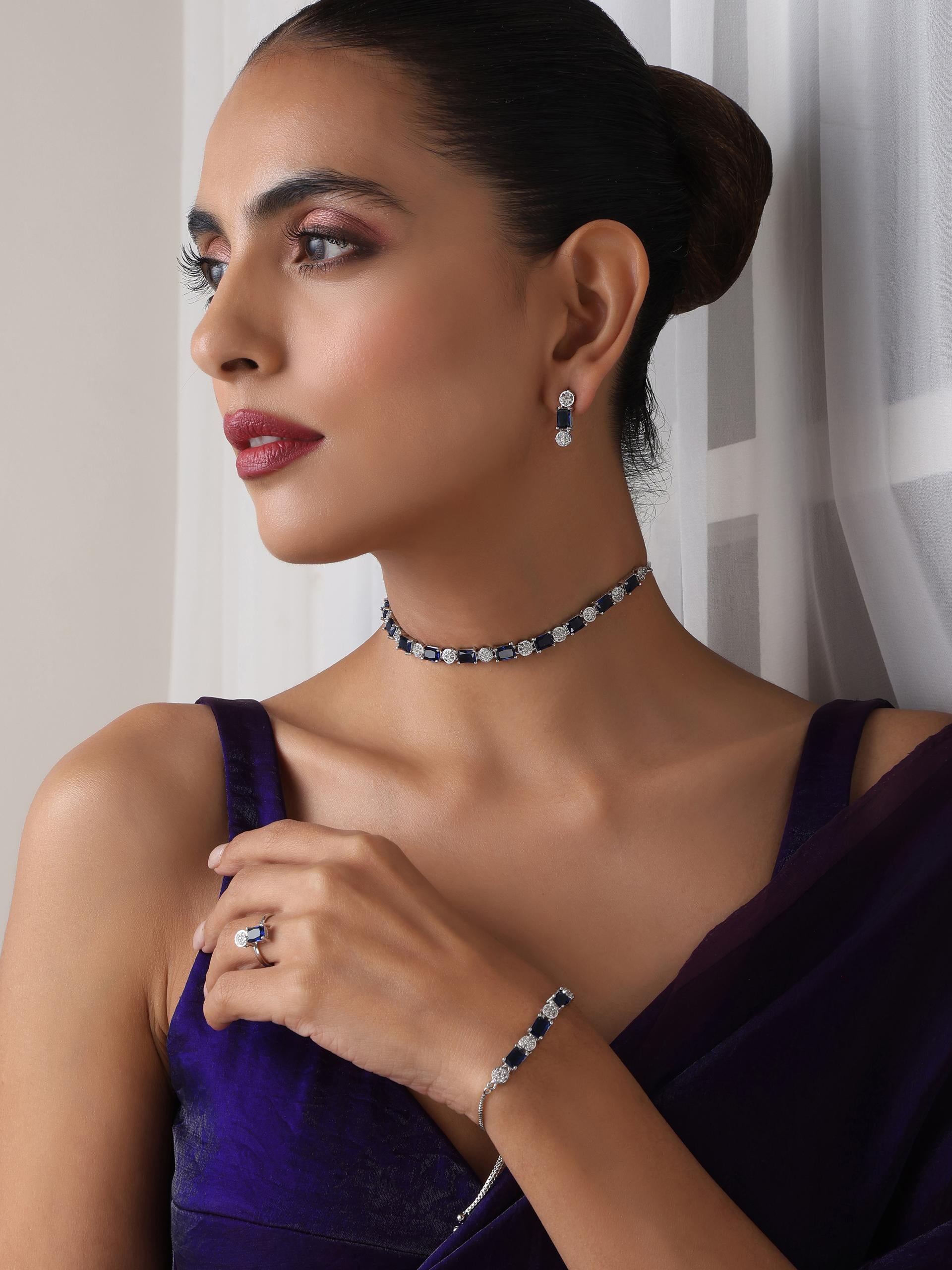 SET - Blue Diamond Necklace, Earring, Ring, Bracelet