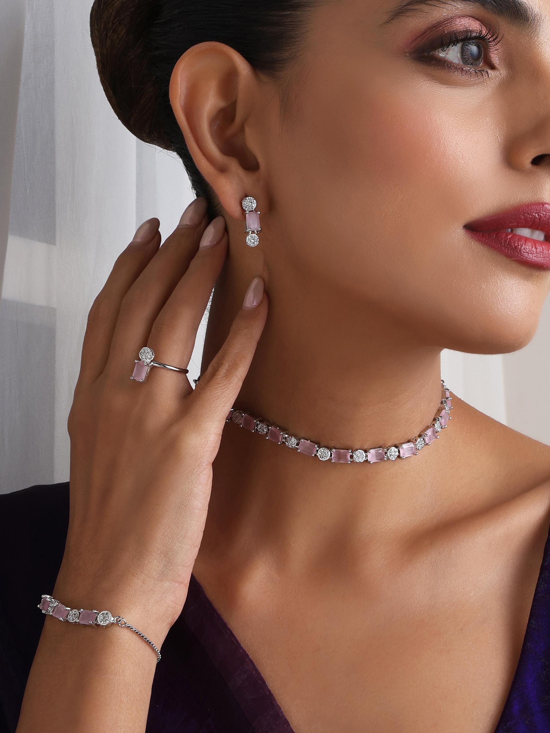 SET - Pink Diamond Necklace, Earring, Ring, Bracelet