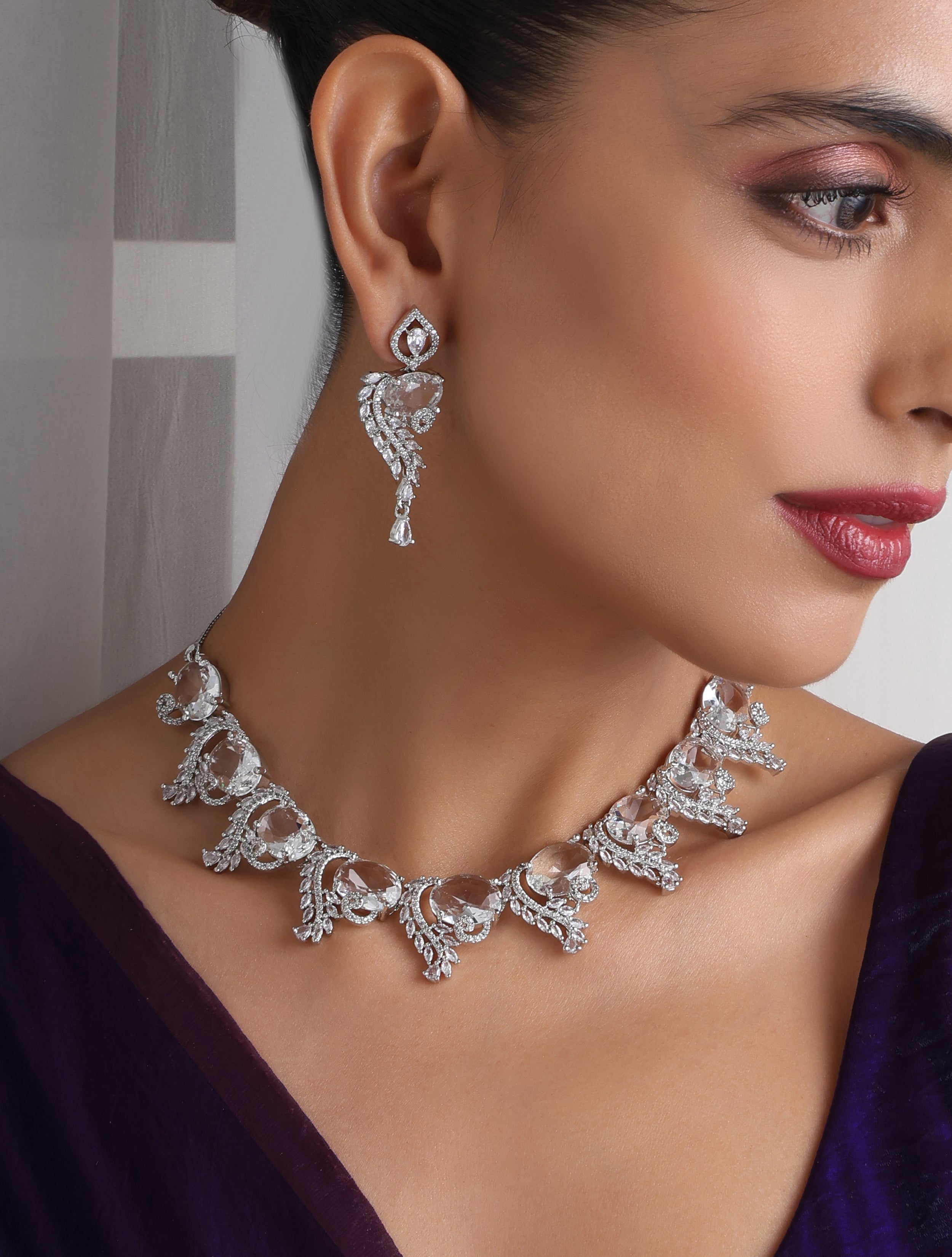 Luxury Silver Color American Diamond Premium Necklace & Earring Set