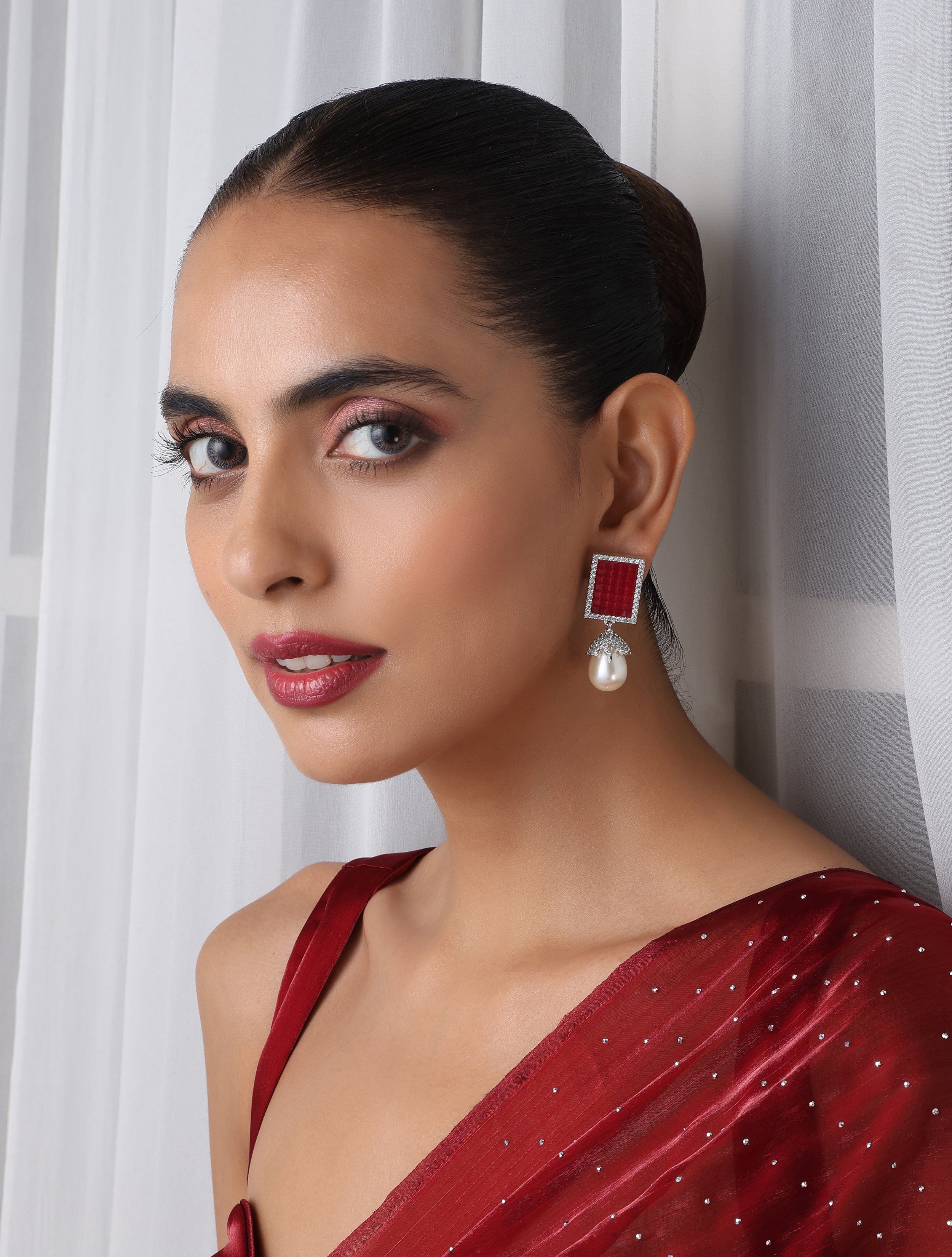 Red Square Pearl drop Earring