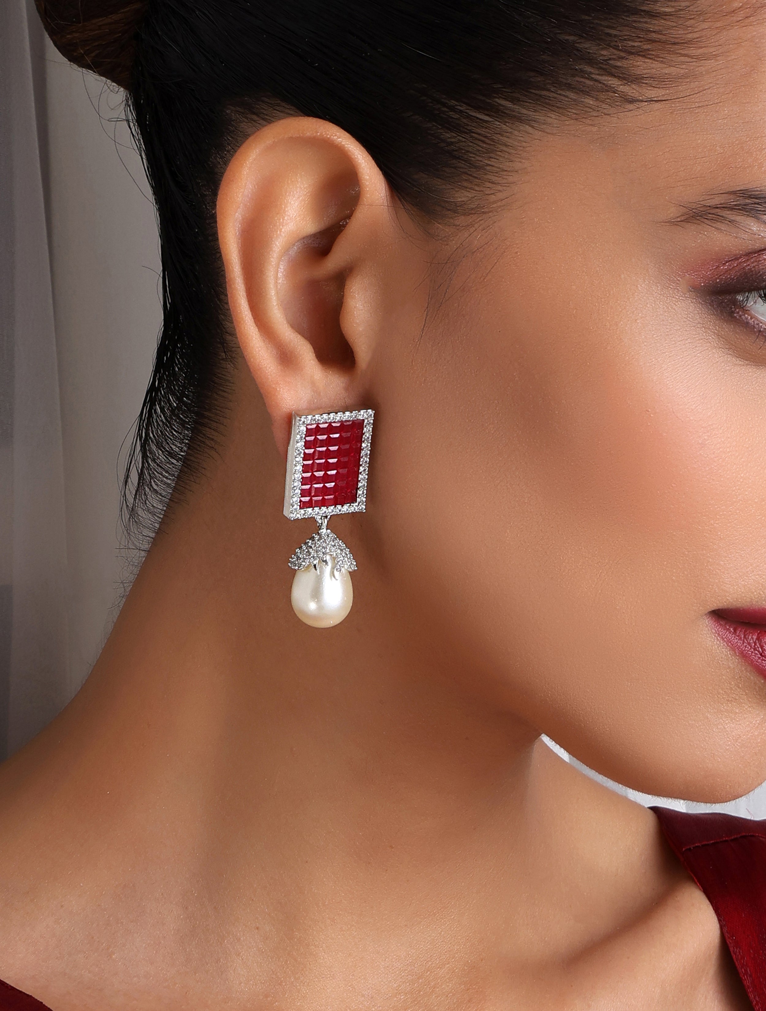 Red Square Pearl drop Earring