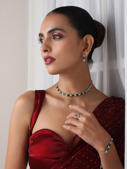 SET - Green Diamond Necklace, Earring, Ring, Bracelet