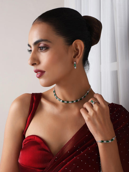 SET - Green Diamond Necklace, Earring, Ring, Bracelet