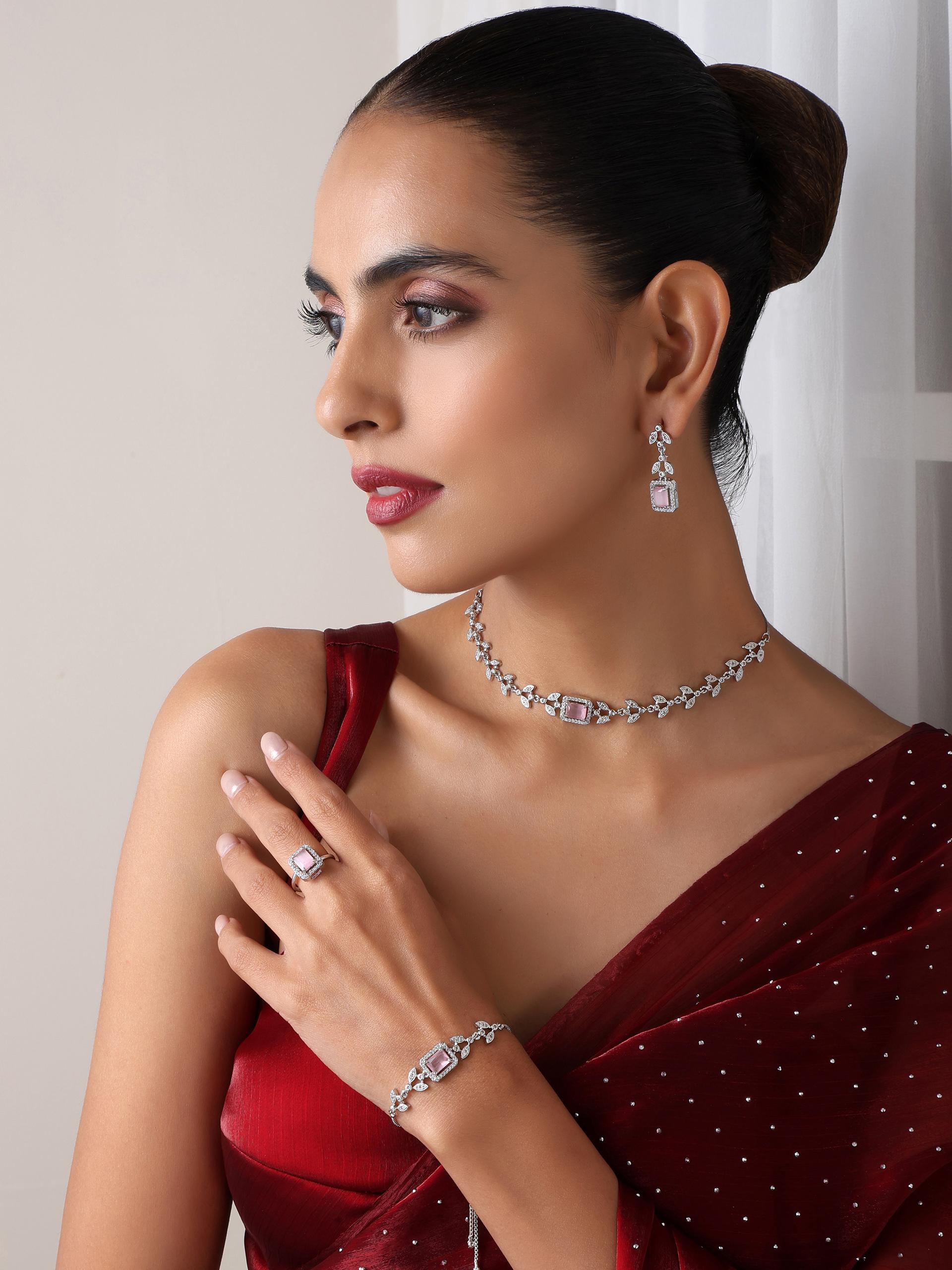 SET - Pink Petal Diamond Necklace, Earring, Ring, Bracelet