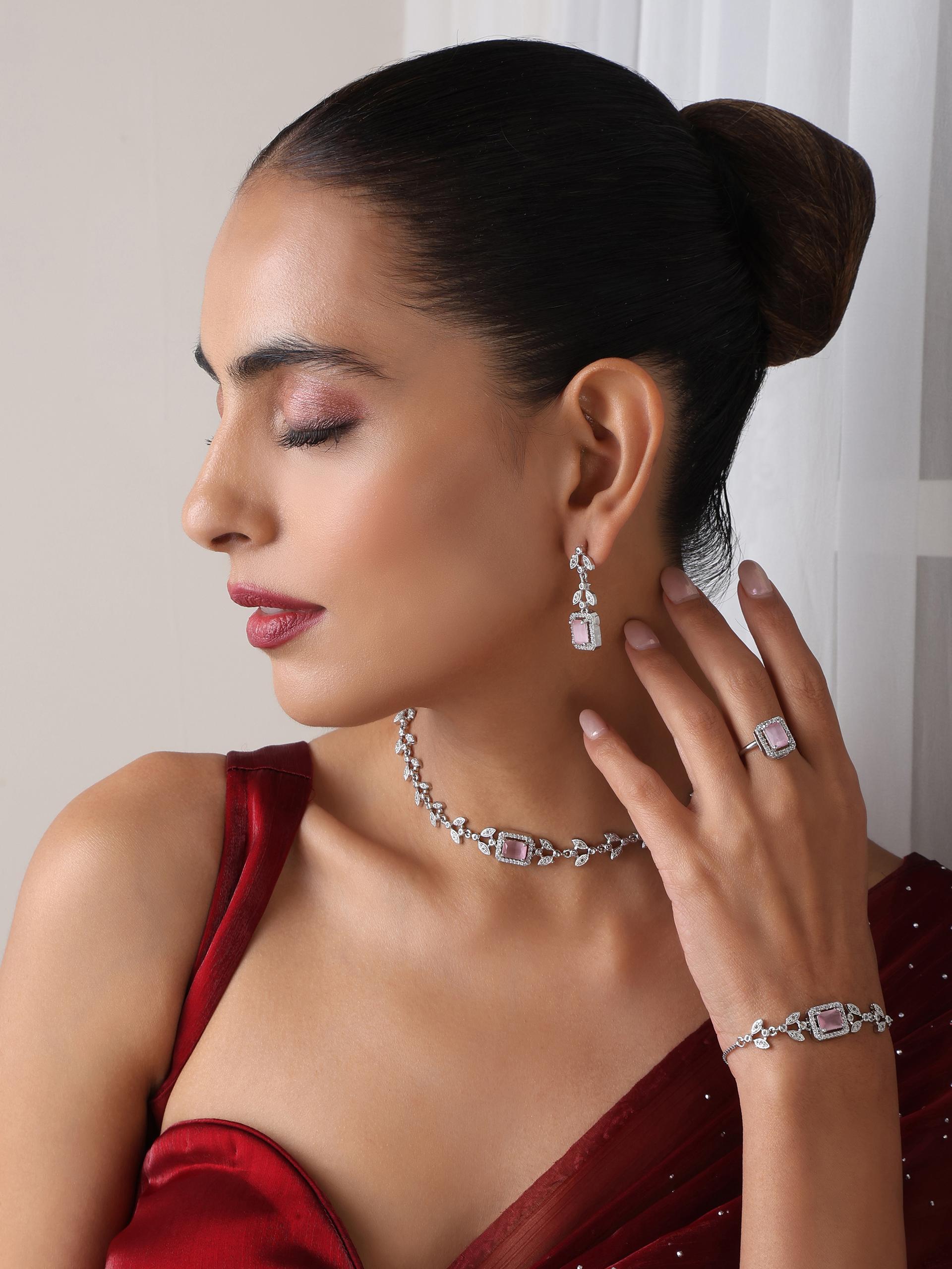 SET - Pink Petal Diamond Necklace, Earring, Ring, Bracelet