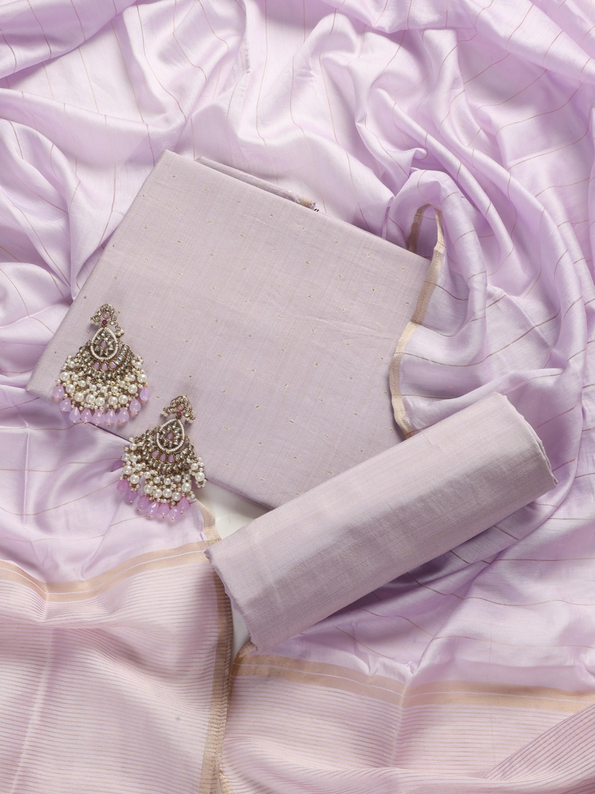 3 pc Unstitched Suit SET - Lilac Mukiesh Cotton Silk Kurta with Zari Dupatta and Matching Pyjama