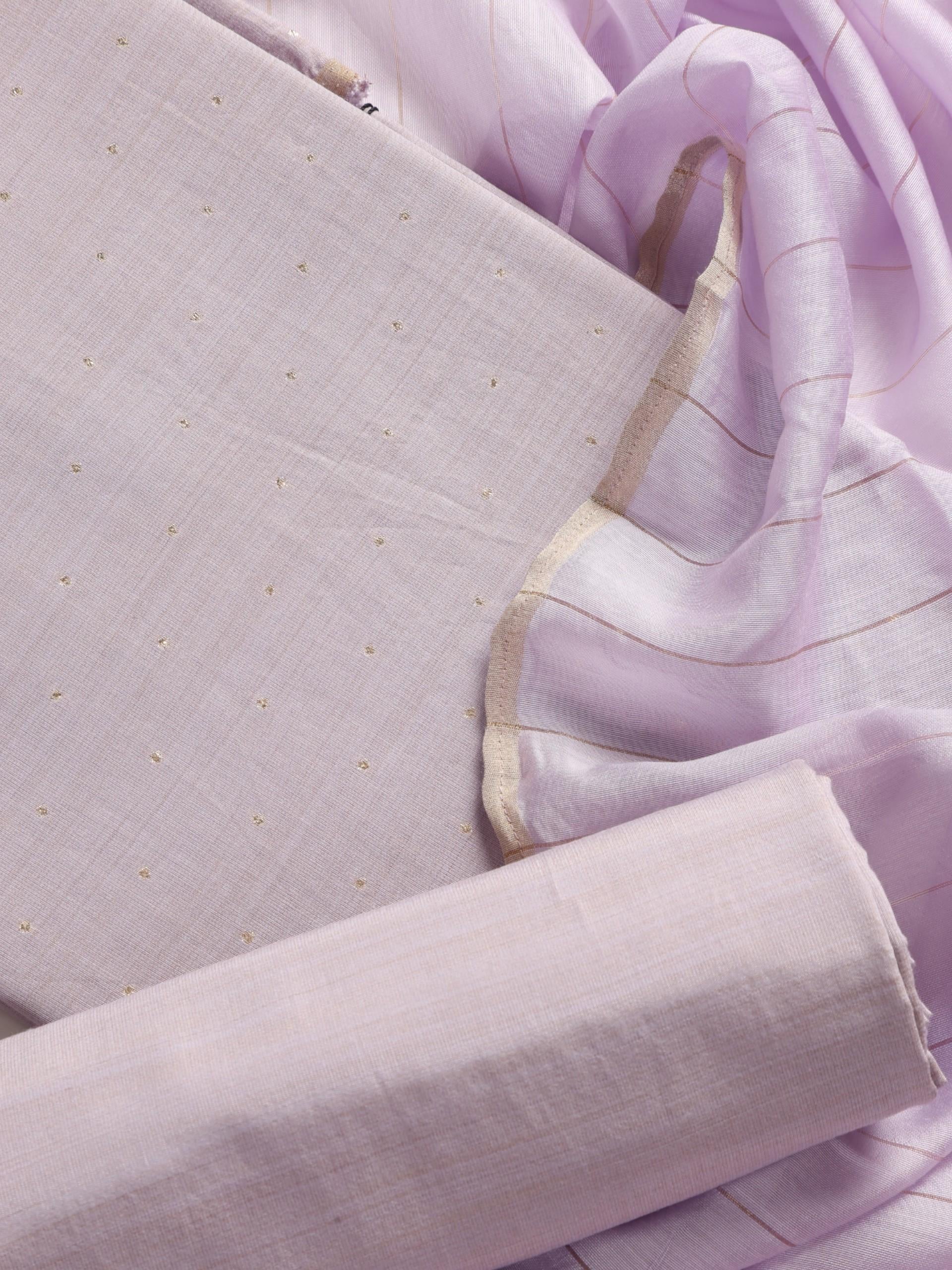 3 pc Unstitched Suit SET - Lilac Mukiesh Cotton Silk Kurta with Zari Dupatta and Matching Pyjama