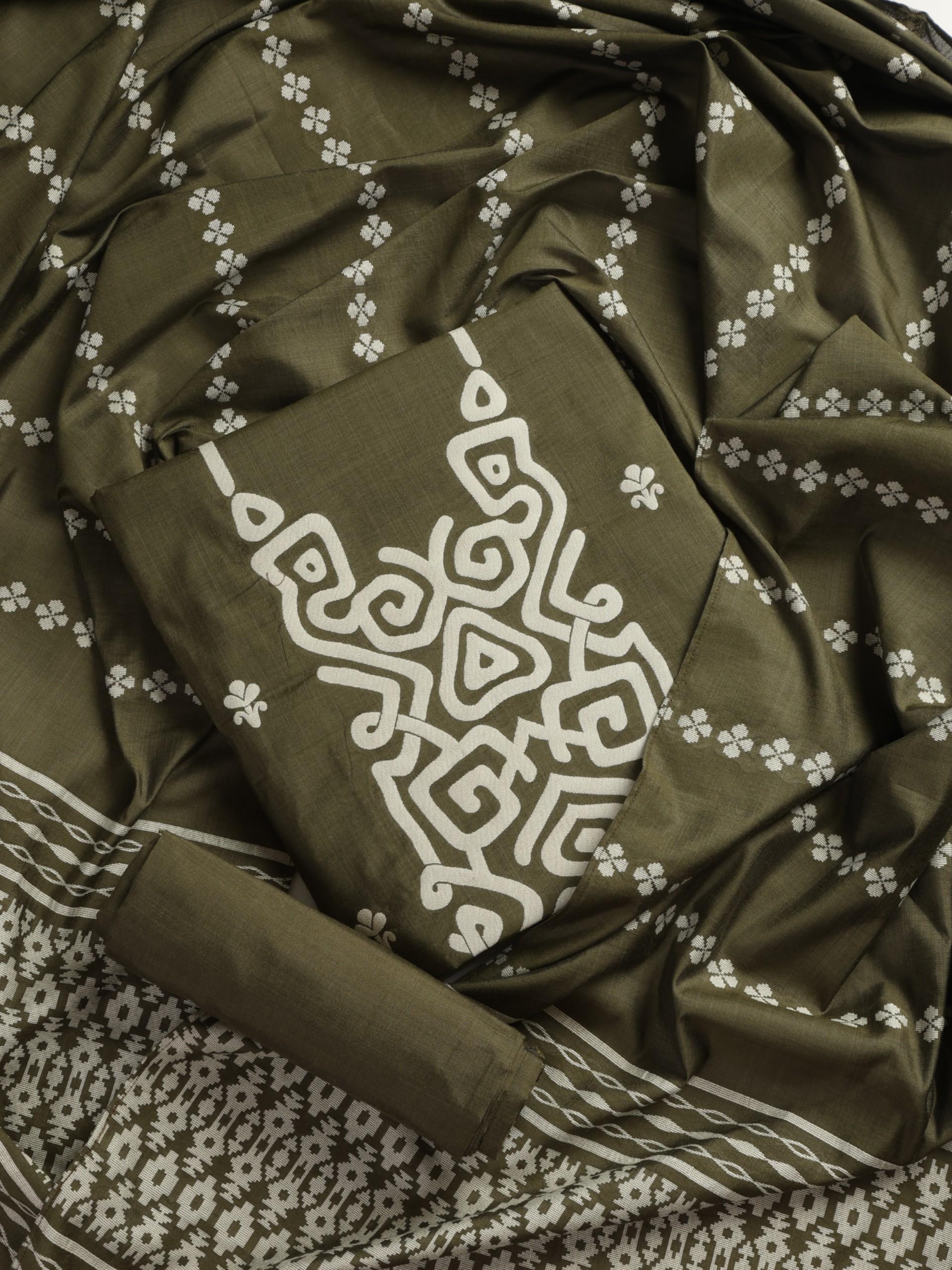 3 pc Unstitched Suit SET - Olive Cotton Silk Jacquard Kurta with Heavy Dupatta and Pyjama