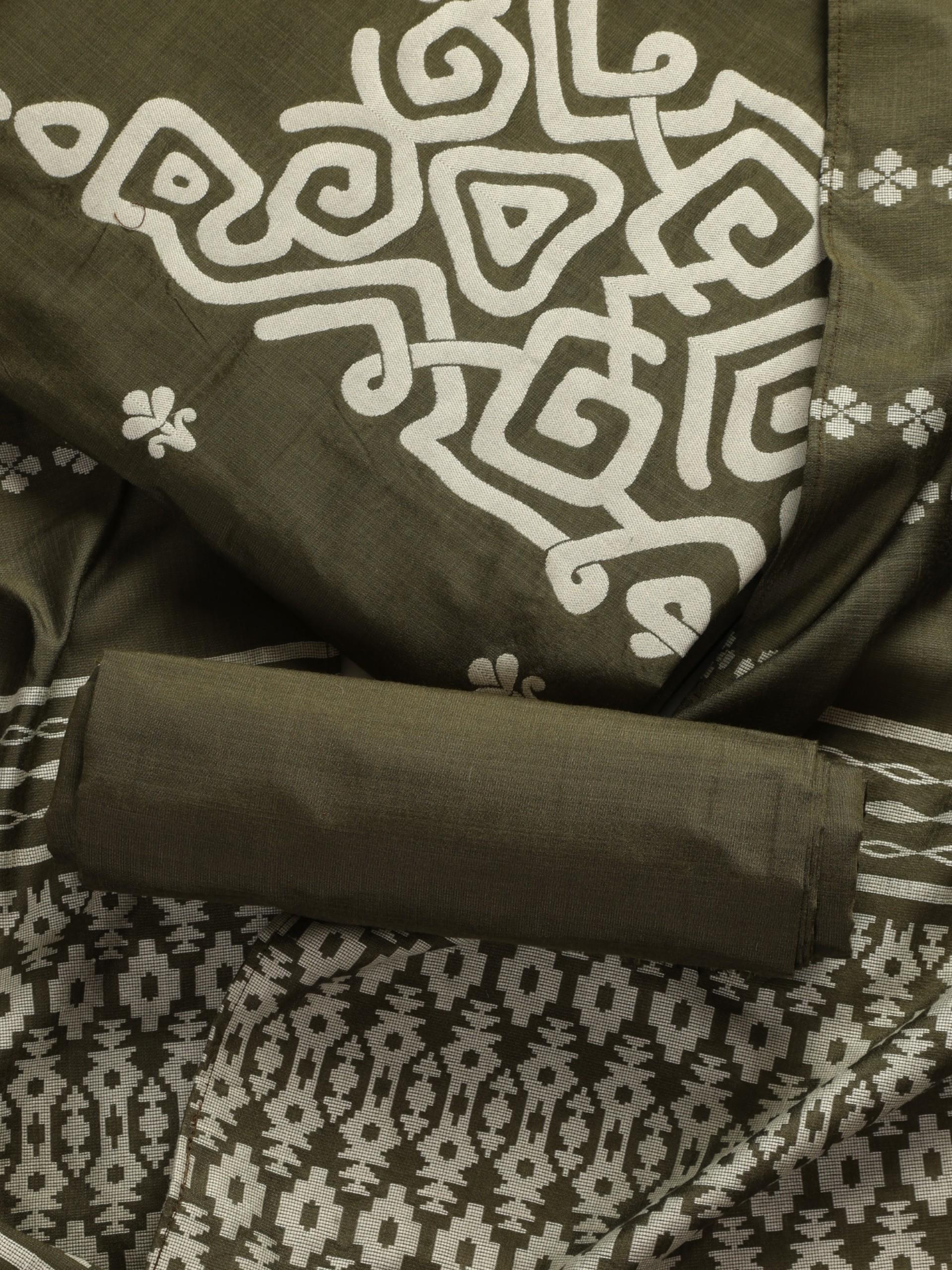 3 pc Unstitched Suit SET - Olive Cotton Silk Jacquard Kurta with Heavy Dupatta and Pyjama