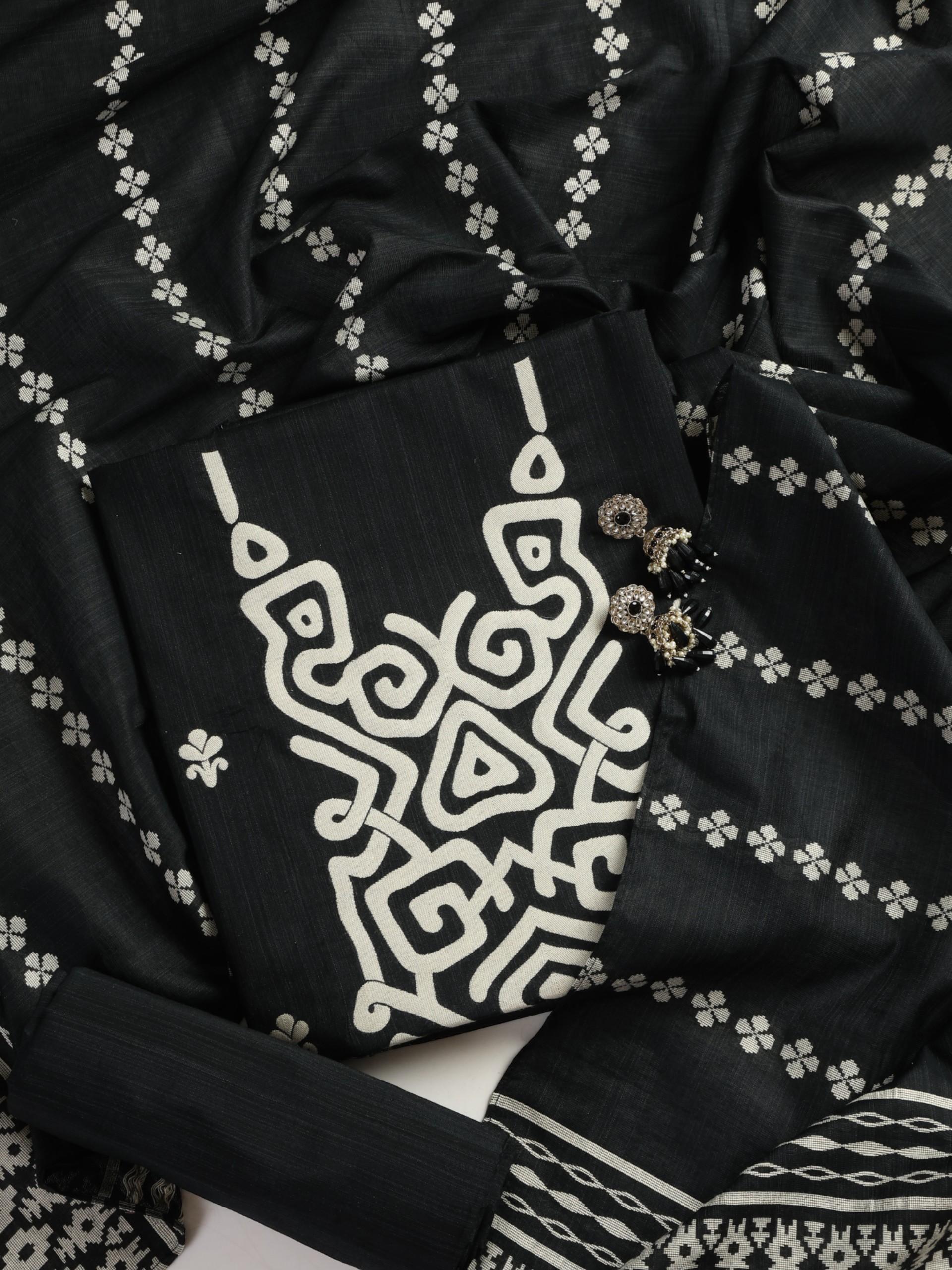 3 pc Unstitched Suit SET - Black Cotton Silk Jacquard Kurta with Heavy Dupatta and Pyjama