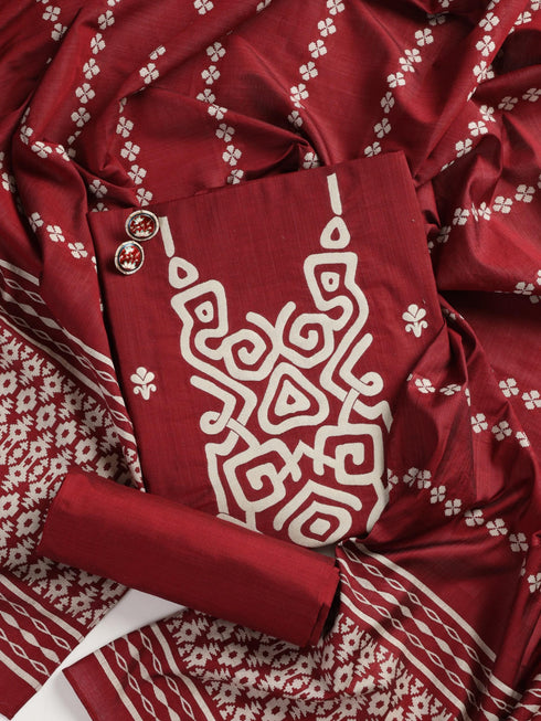 3 pc Unstitched Suit SET - Maroon Cotton Silk Jacquard Kurta with Heavy Dupatta and Pyjama
