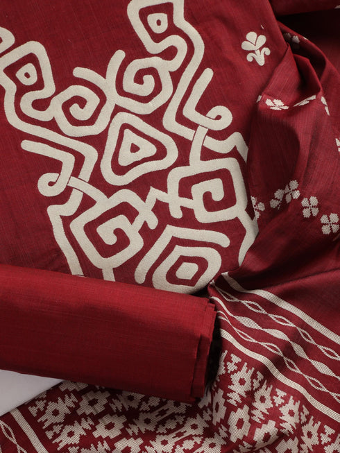 3 pc Unstitched Suit SET - Maroon Cotton Silk Jacquard Kurta with Heavy Dupatta and Pyjama