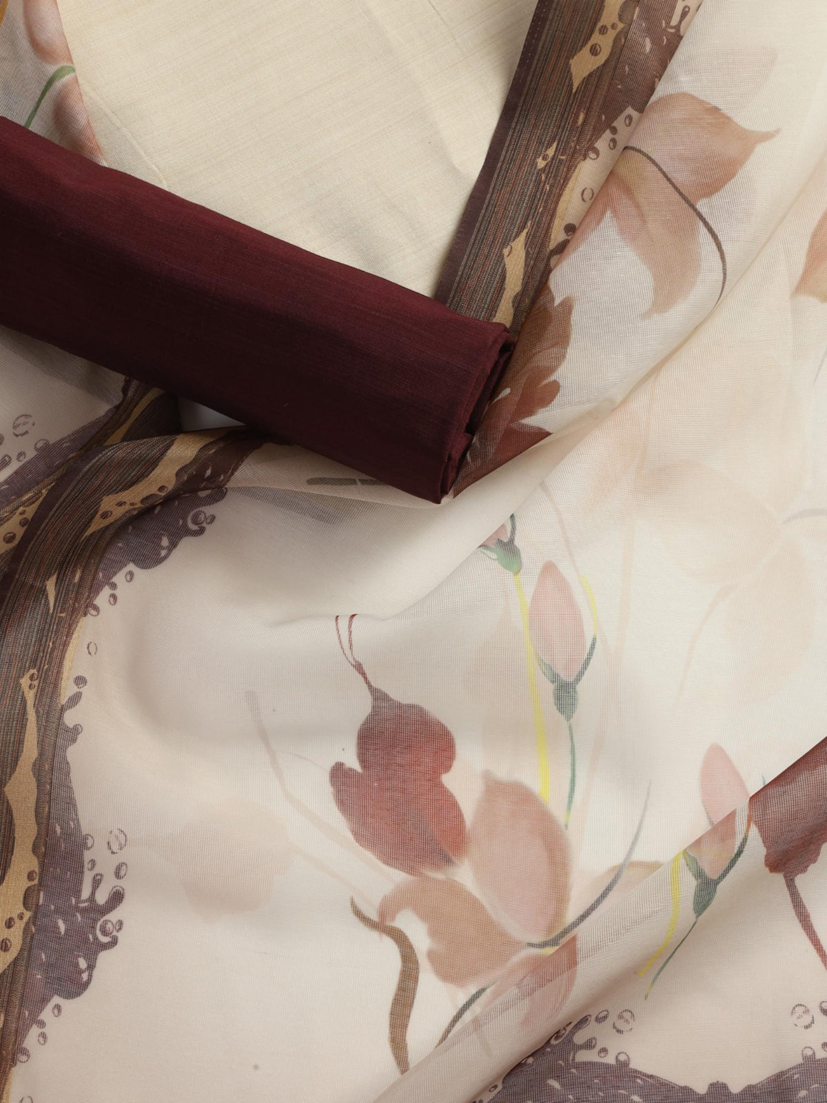 Maroon and cream cotton silk kurta and pyjama with printed dupatta — view 2
