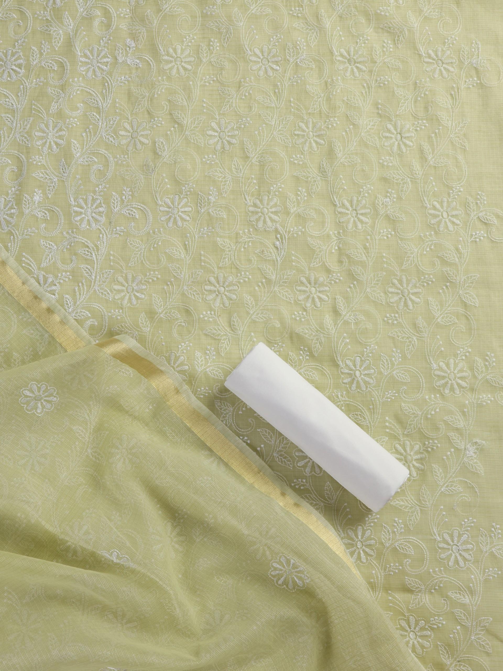 3 pc Unstitched SET -Sage Kota Doria Flower Embroidered Kurta with Dupatta and Cotton Pyjama