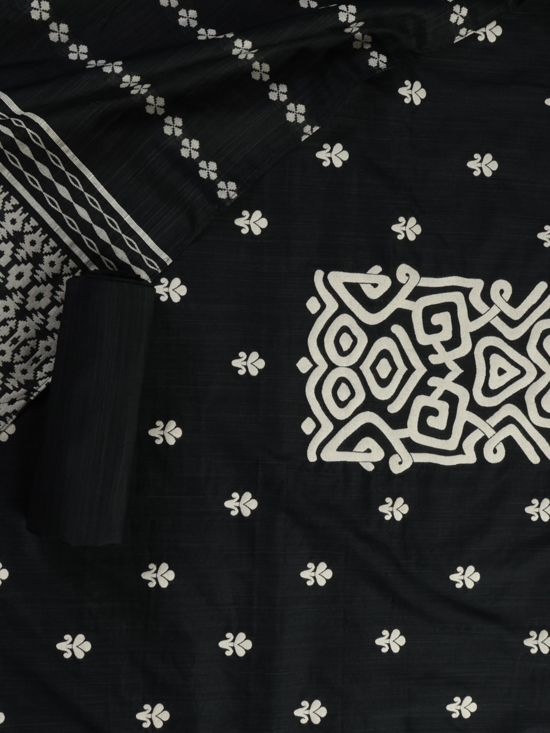 3 pc Unstitched Suit SET - Black Cotton Silk Jacquard Kurta with Heavy Dupatta and Pyjama