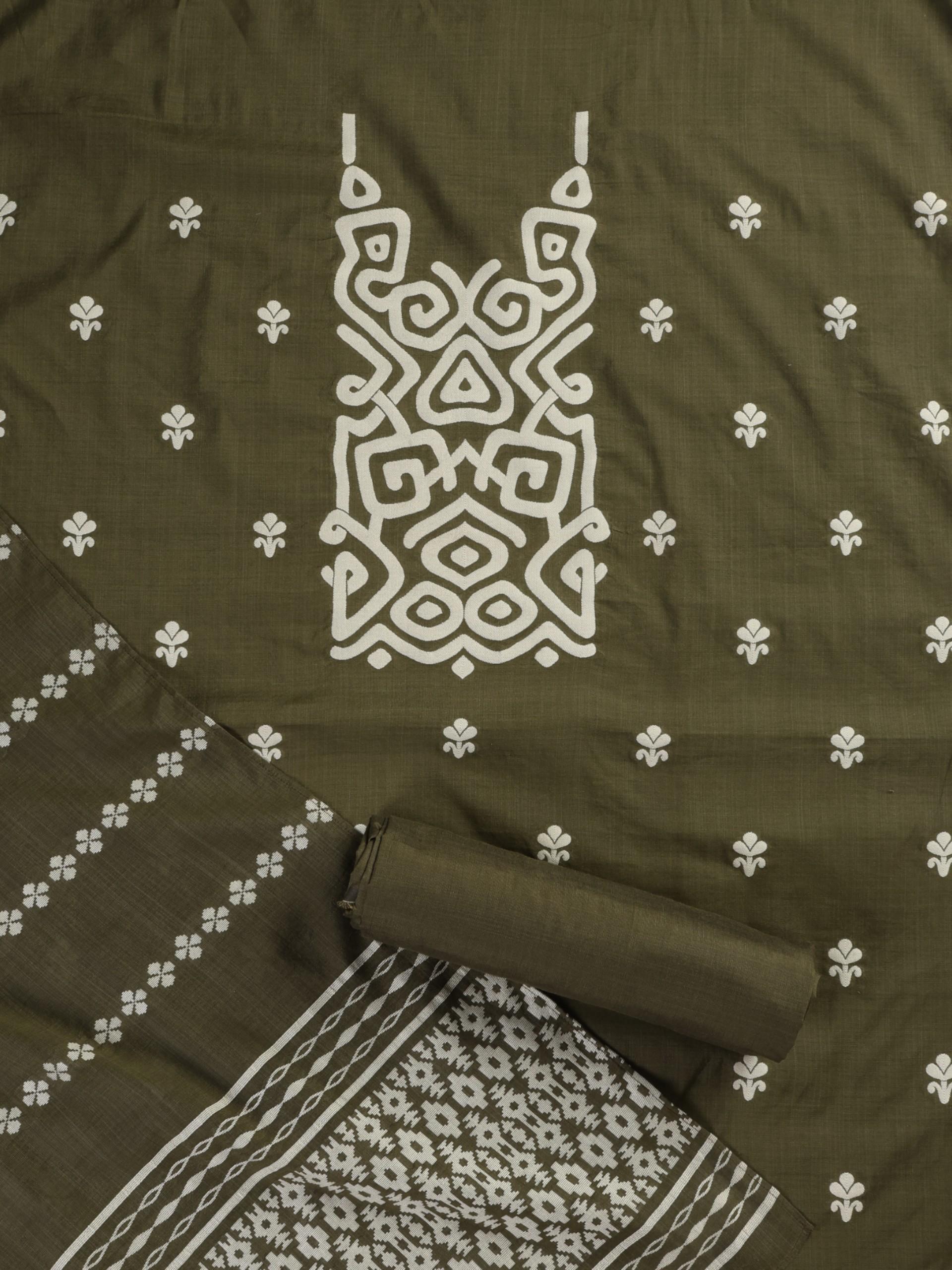 3 pc Unstitched Suit SET - Olive Cotton Silk Jacquard Kurta with Heavy Dupatta and Pyjama