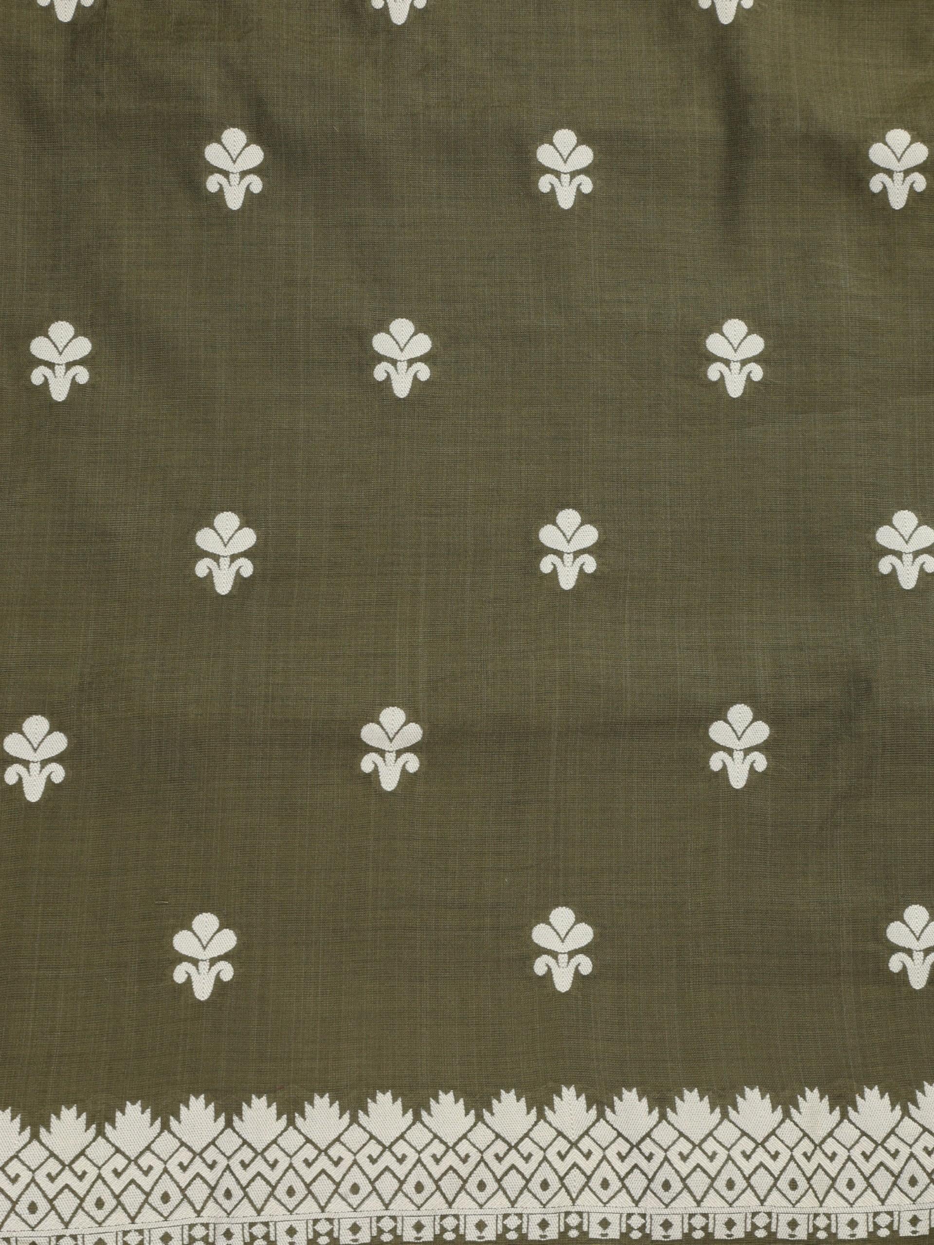 3 pc Unstitched Suit SET - Olive Cotton Silk Jacquard Kurta with Heavy Dupatta and Pyjama