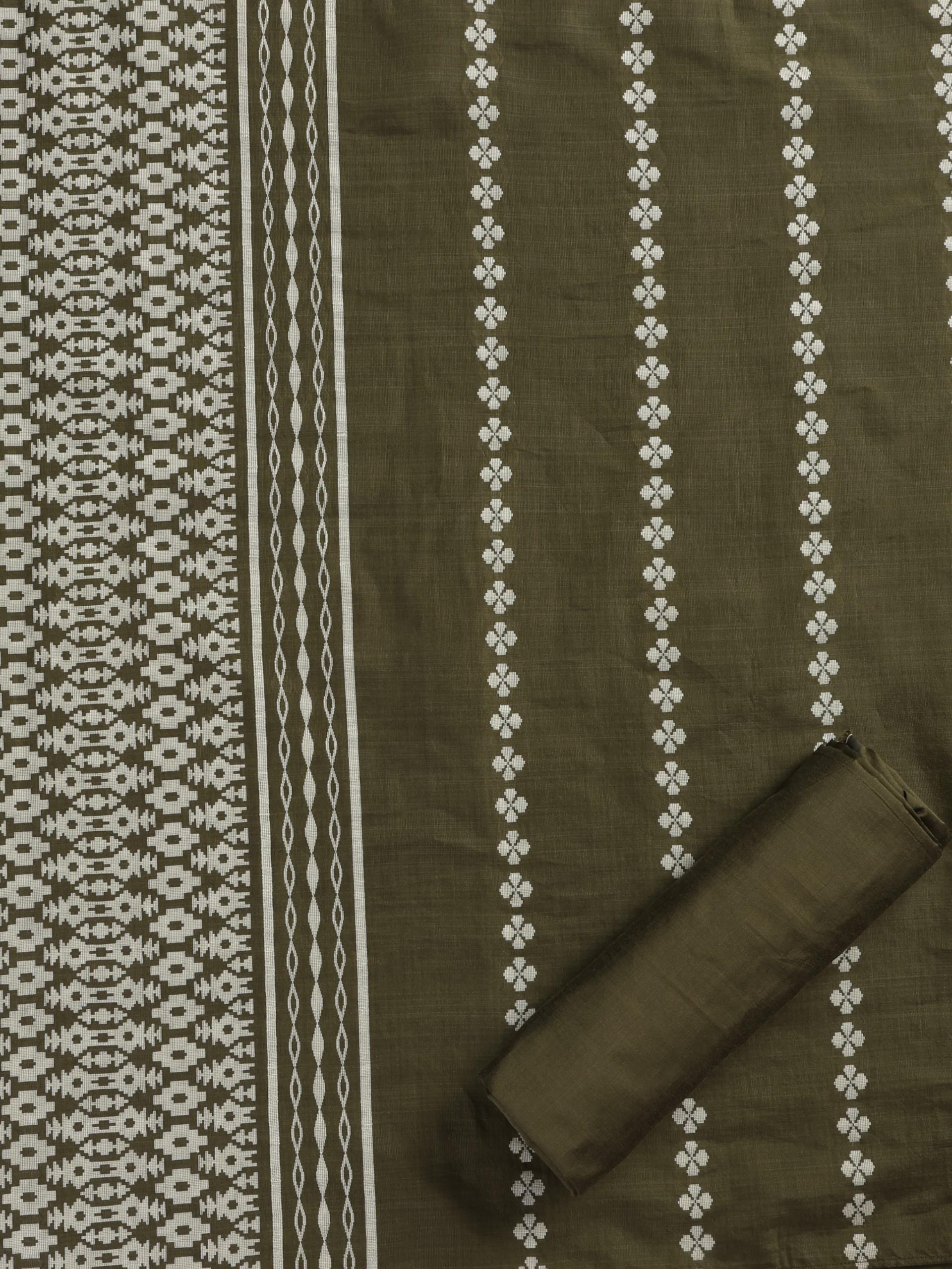 3 pc Unstitched Suit SET - Olive Cotton Silk Jacquard Kurta with Heavy Dupatta and Pyjama