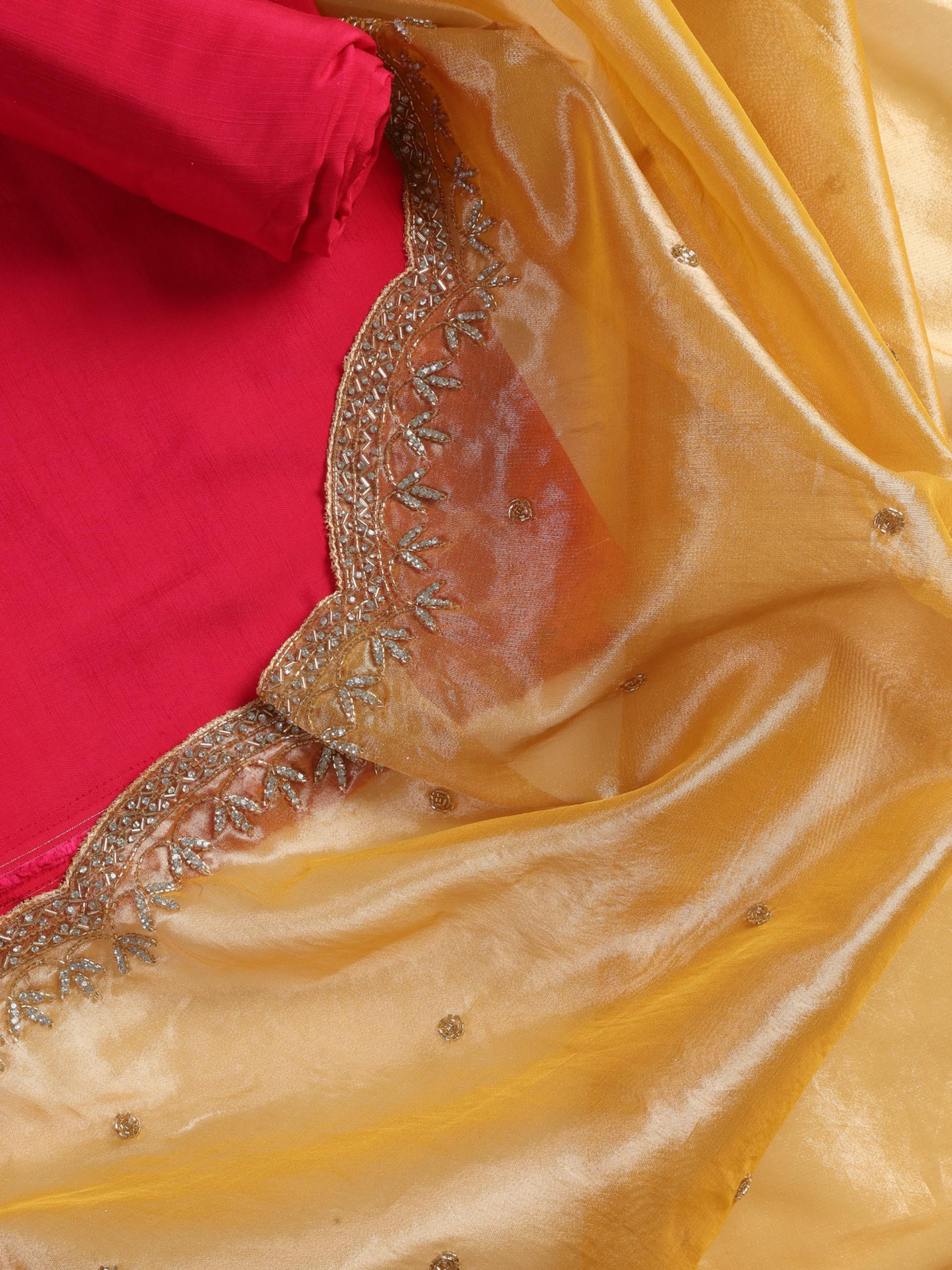 3 pc Unstitched Suit SET - Pink Tusser Slub Kurta and Pyjama with Banarasi Tissue Dupatta with Heavy Hand Beading