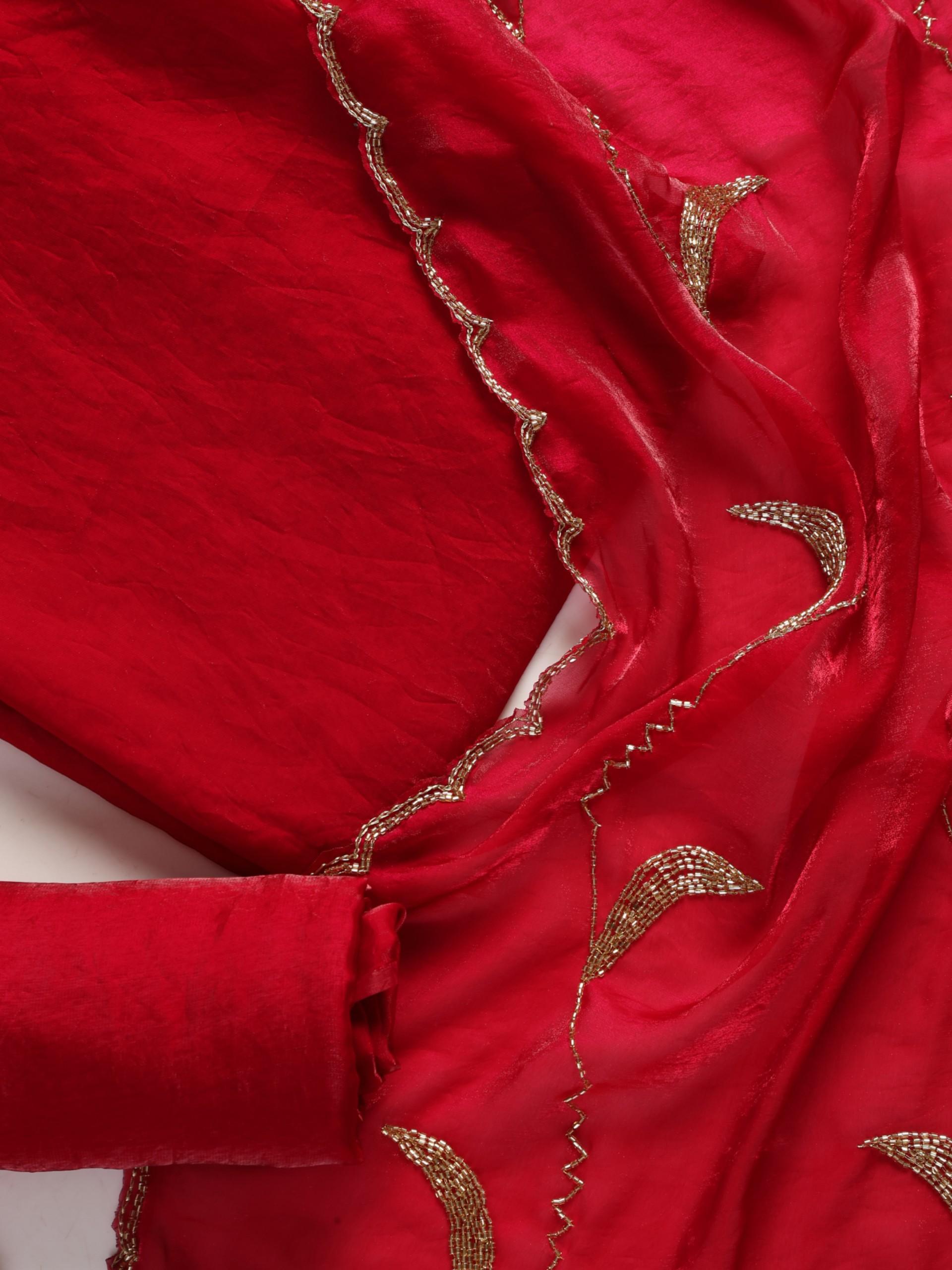3 pc Unstitched Suit SET - Red Pink Metallic Satin Kurta and Pyjama with Heavy Hand Beaded Dupatta