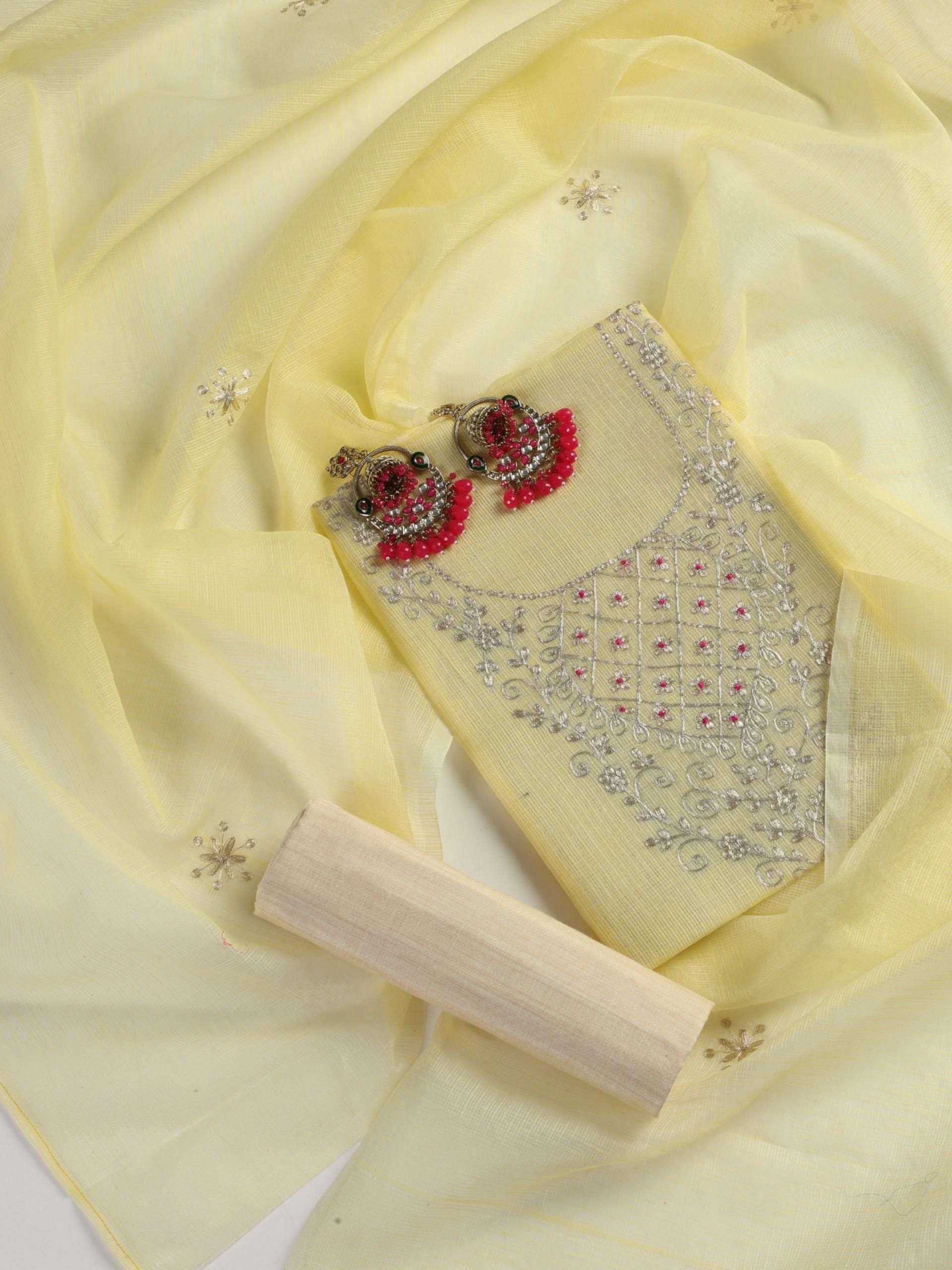 3 pc Unstitched Suit SET - Yellow Kota Doria Peeta Embroidered Kurta with Dupatta and Pyjama