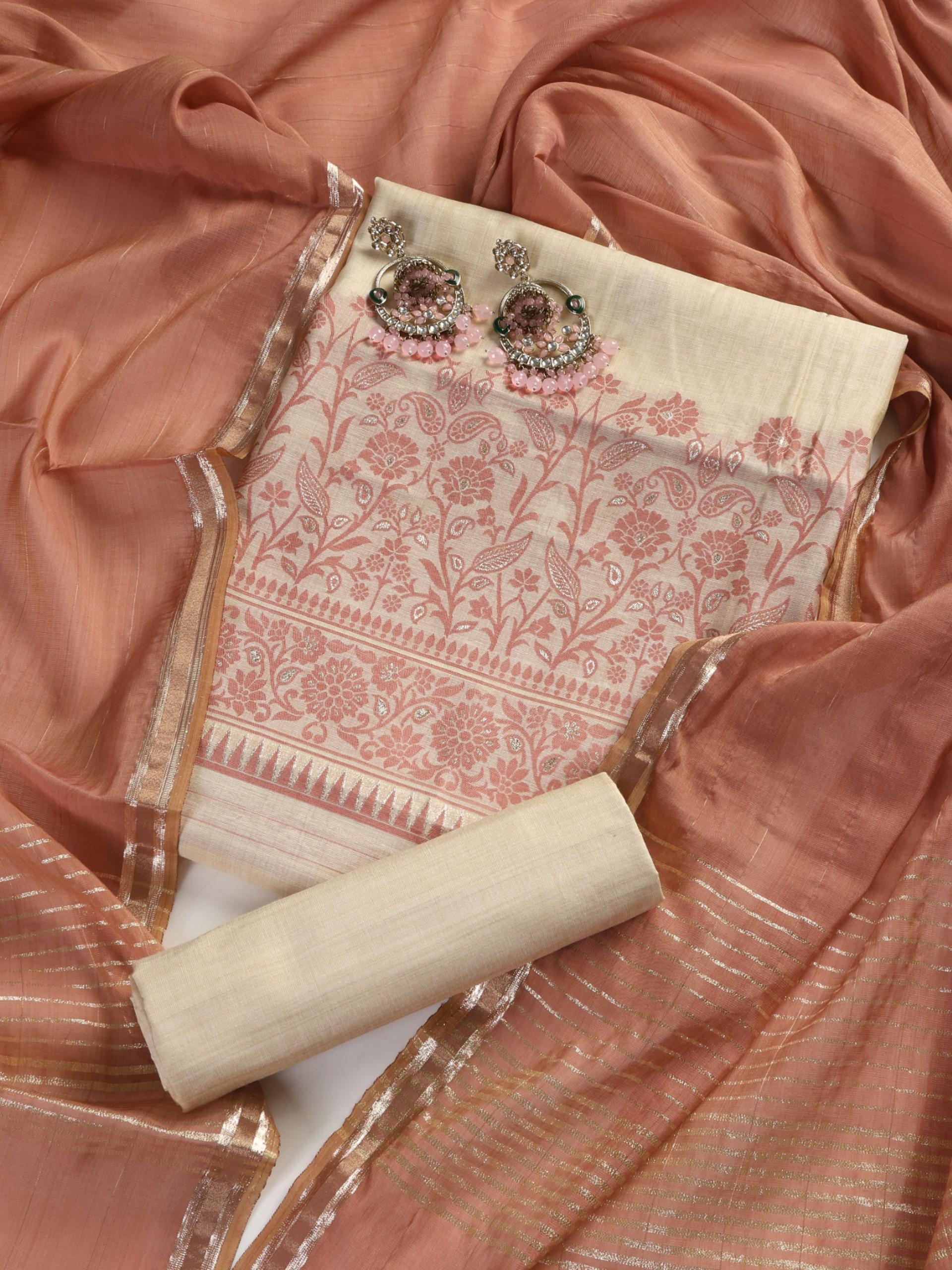 3 pc Unstitched Suit SET - Cherry Jacquard Paisley Kurta with Zari Dupatta and Pyjama