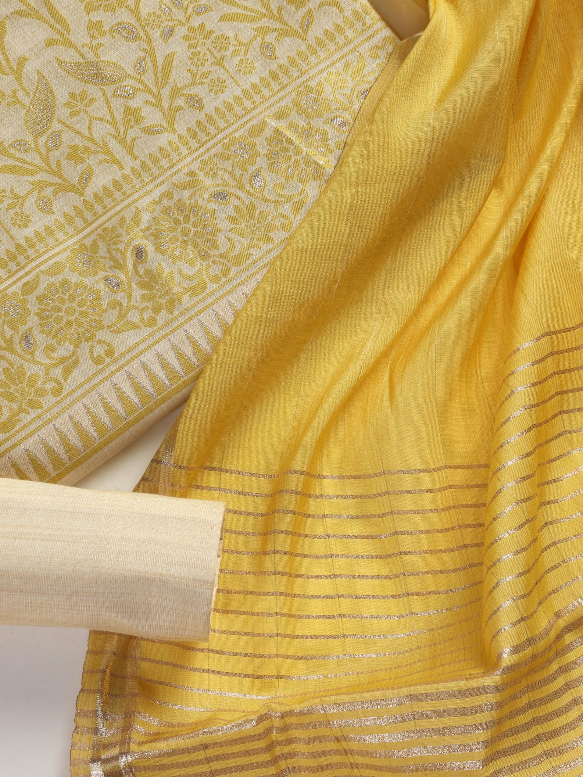 3 pc Unstitched Suit SET - Lime Yellow Jacquard Paisley Kurta with Zari Dupatta and Pyjama