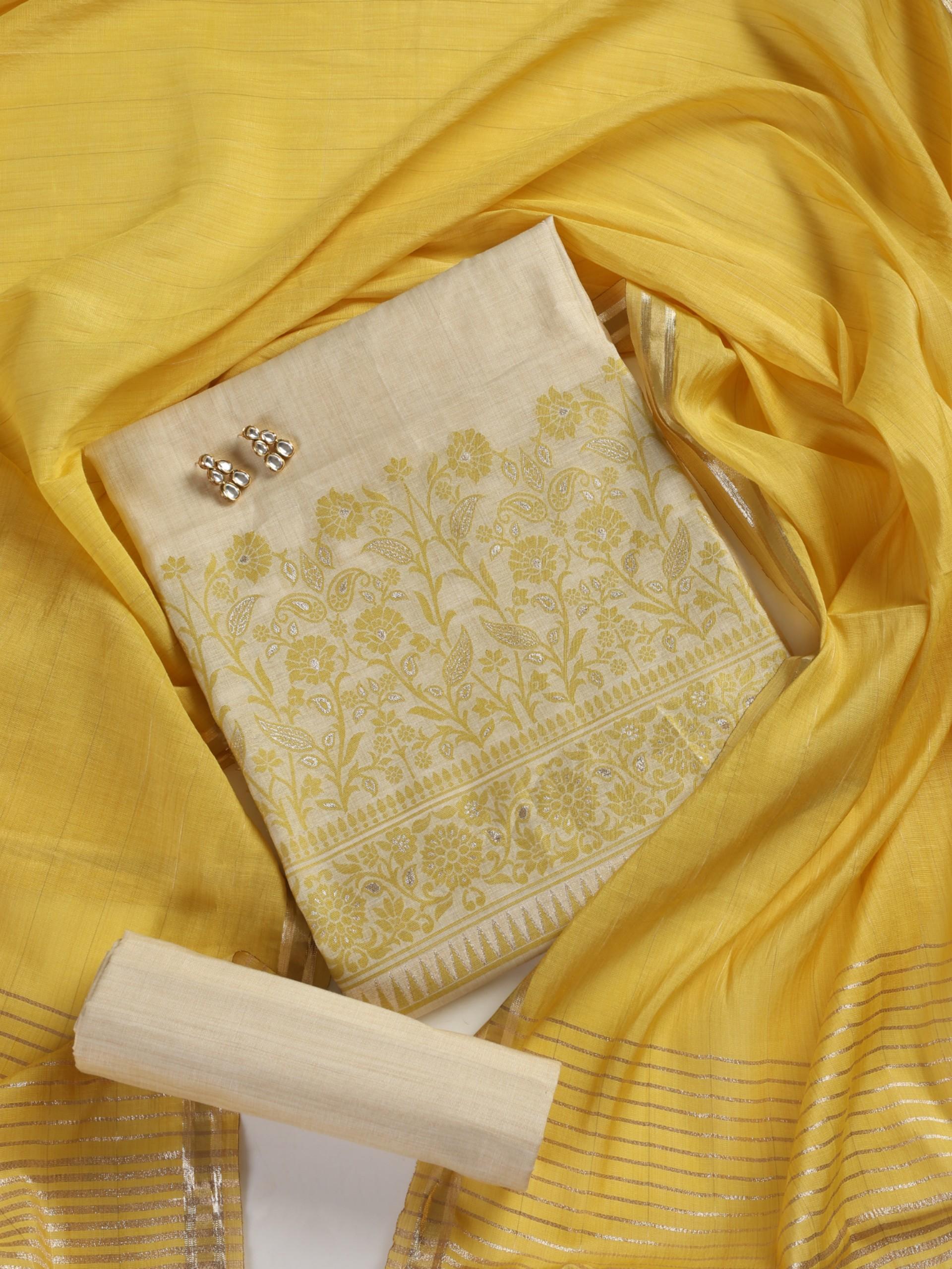3 pc Unstitched Suit SET - Lime Yellow Jacquard Paisley Kurta with Zari Dupatta and Pyjama