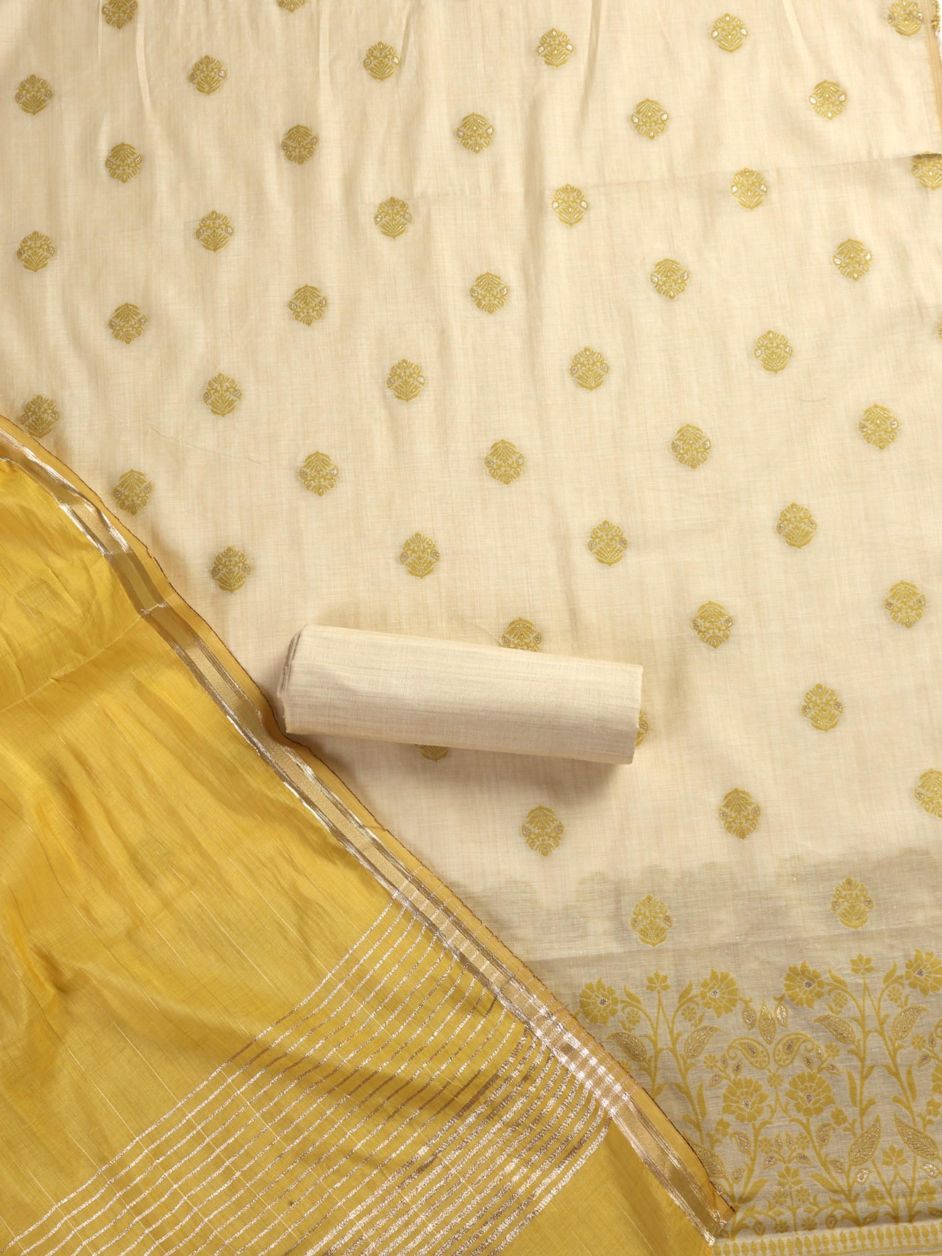 3 pc Unstitched Suit SET - Lime Yellow Jacquard Paisley Kurta with Zari Dupatta and Pyjama