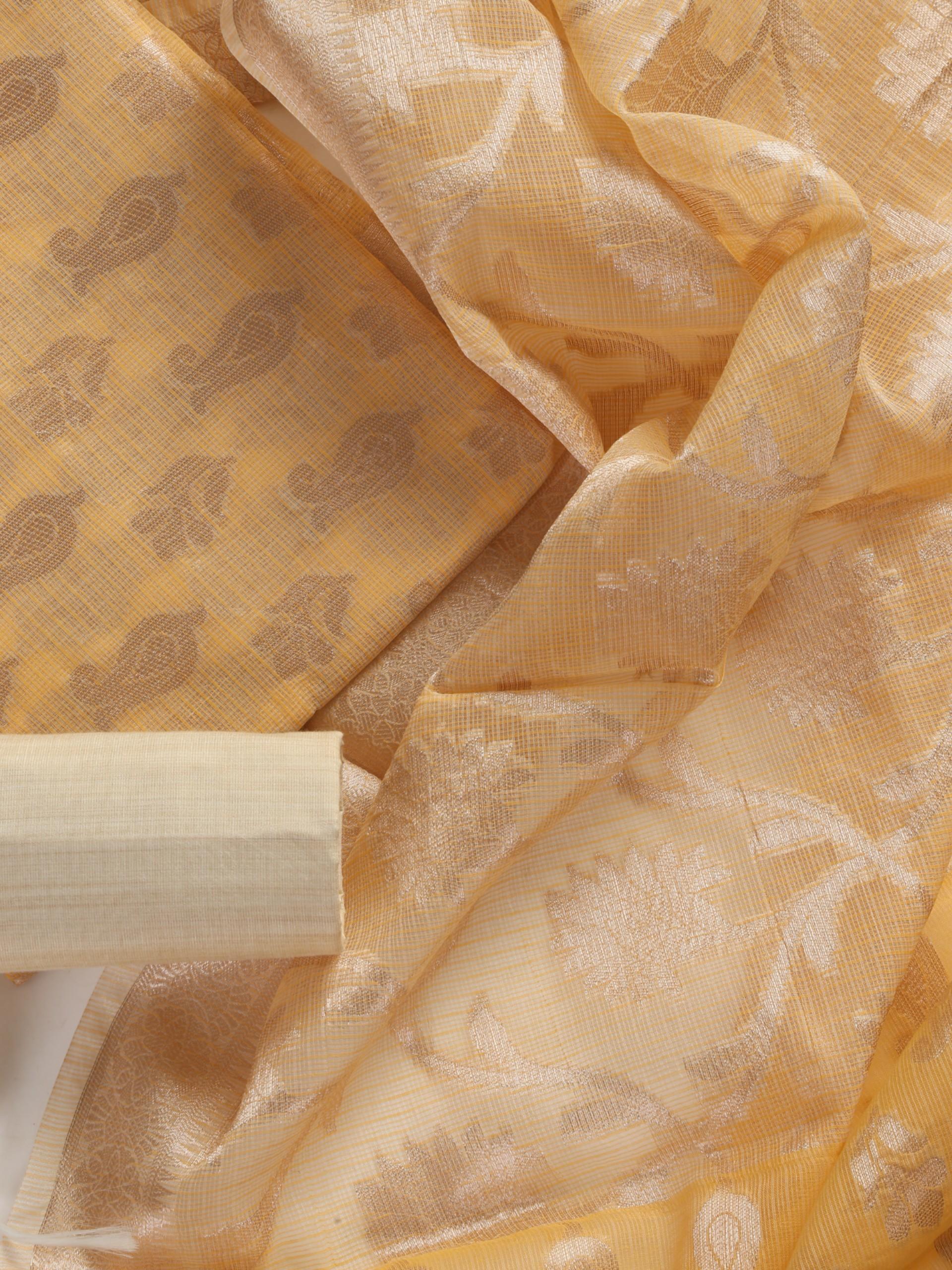 3pc Unstitched SET -Yellow Cream Kota Chanderi Jacquard Kurta with Heavy Dupatta and Silk Pyjama