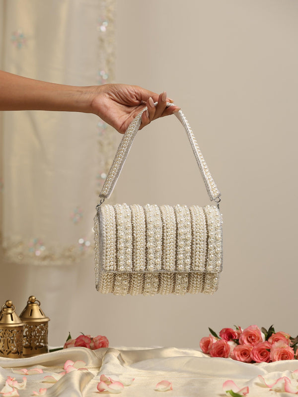 Pearl Silver Beaded Clutch Bag