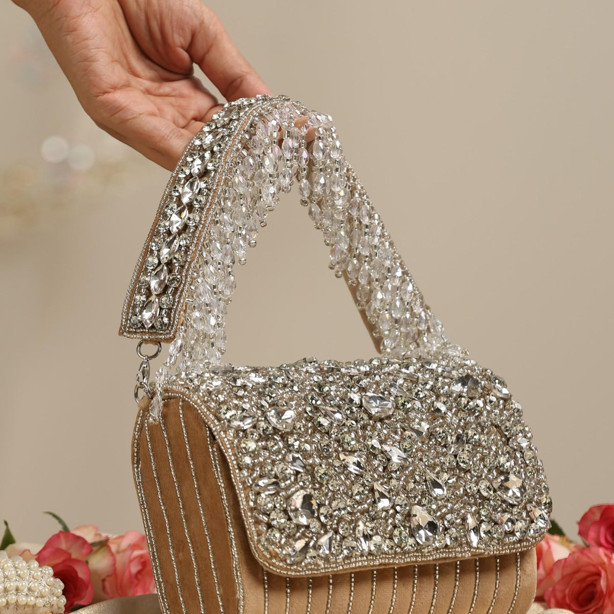 Beaded Silver and Fawn Clutch Bag - Main Image