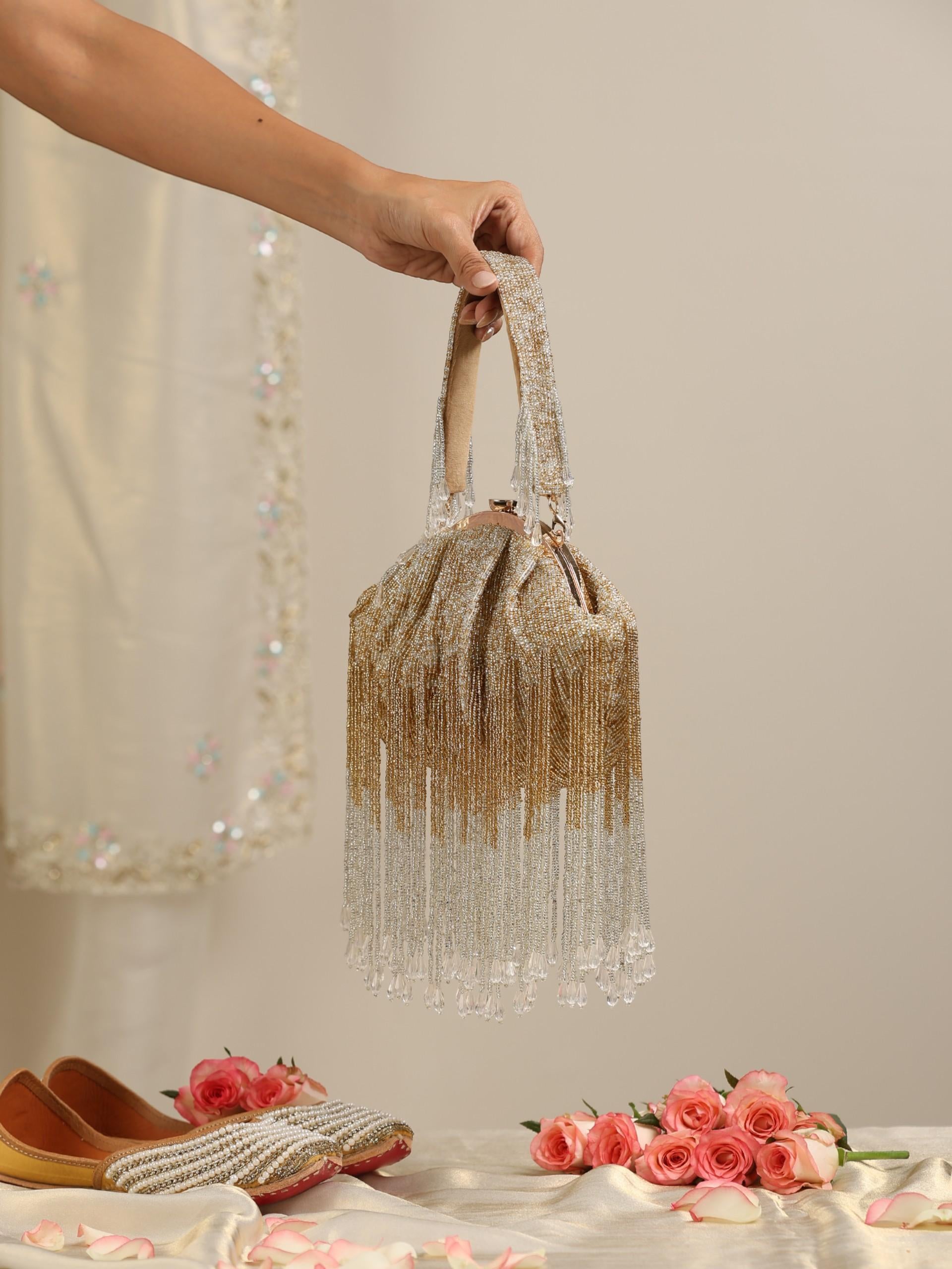 Gold and White Long Beaded Clutch Bag