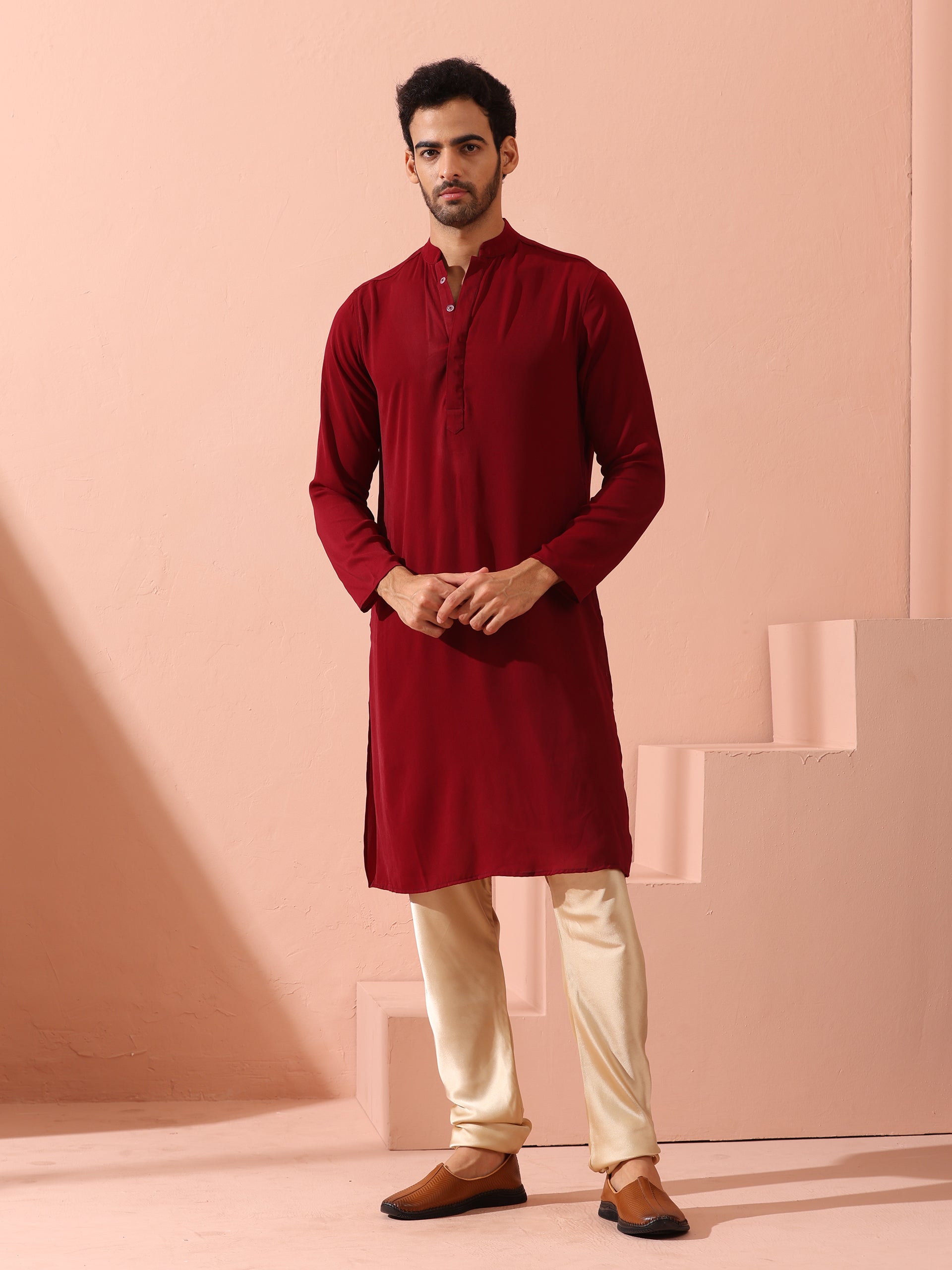 Maroon Korean Fabric Kurta with Hidden Placket