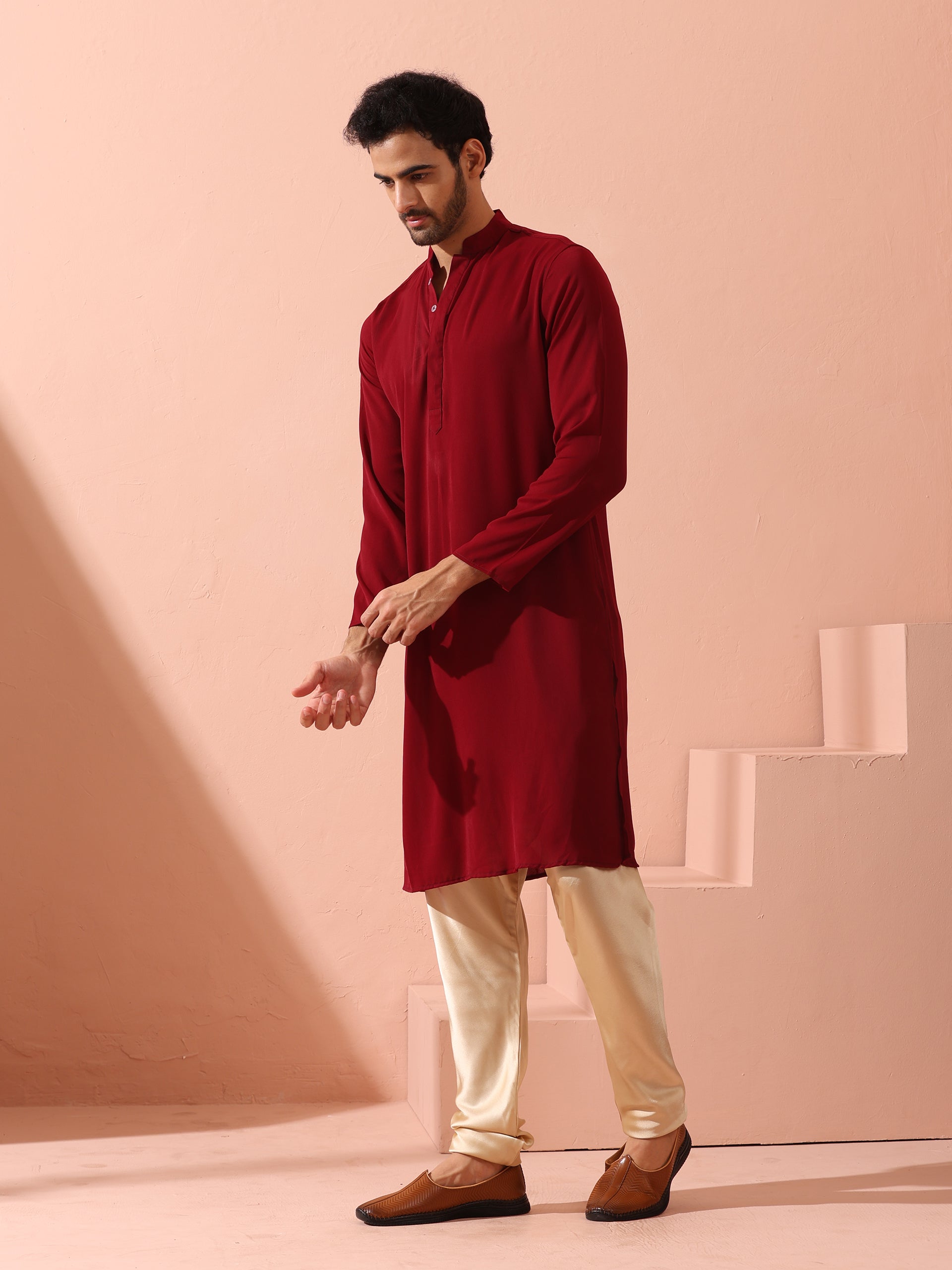 Maroon Korean Fabric Kurta with Hidden Placket