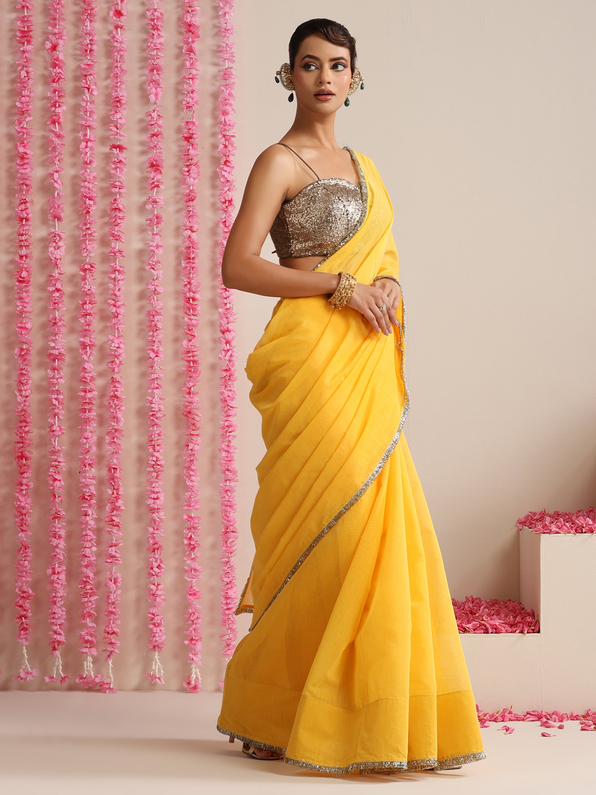 Yellow Cotton Chanderi Saree with Gold Border
