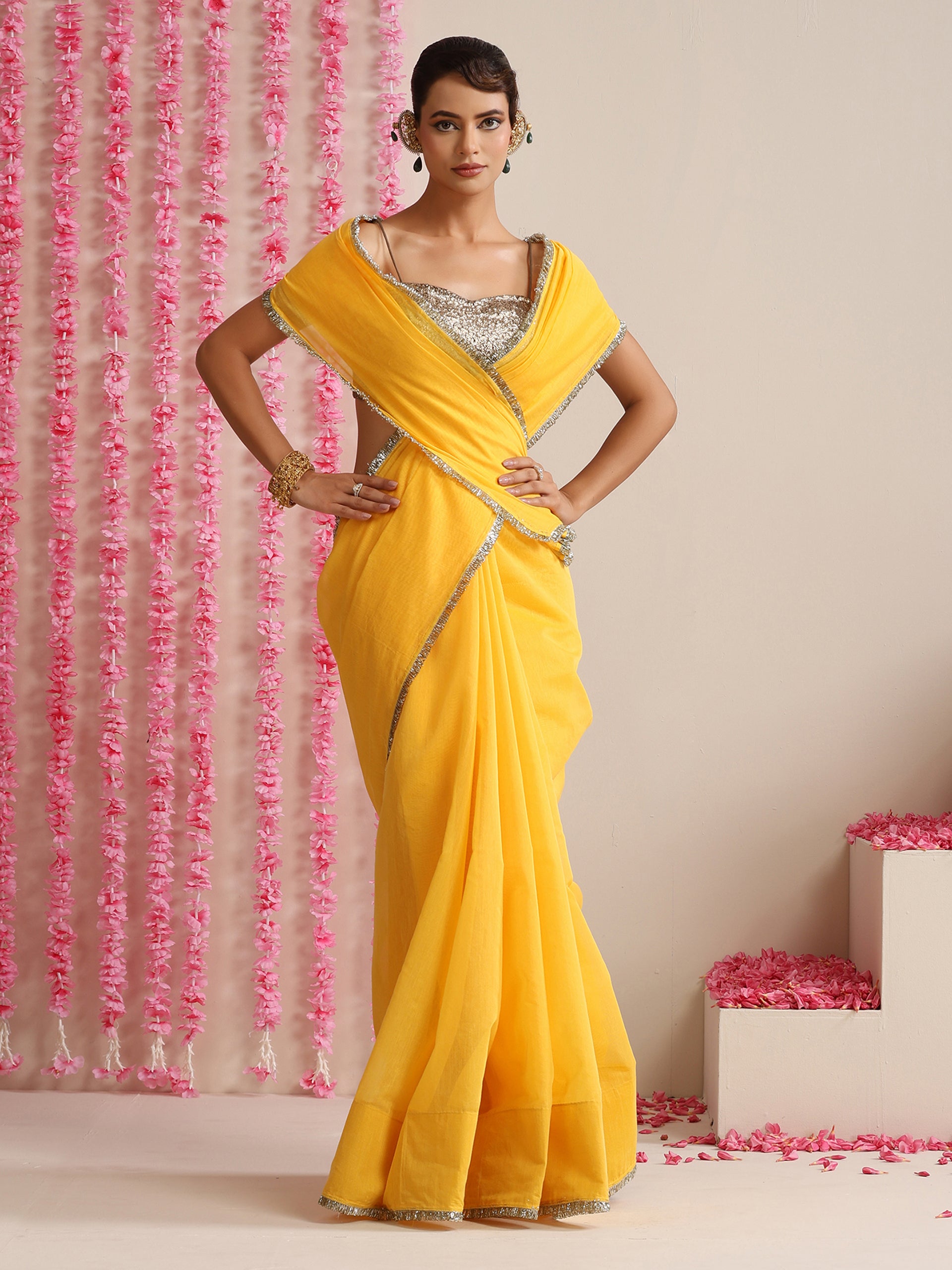 Yellow Cotton Chanderi Saree with Gold Border