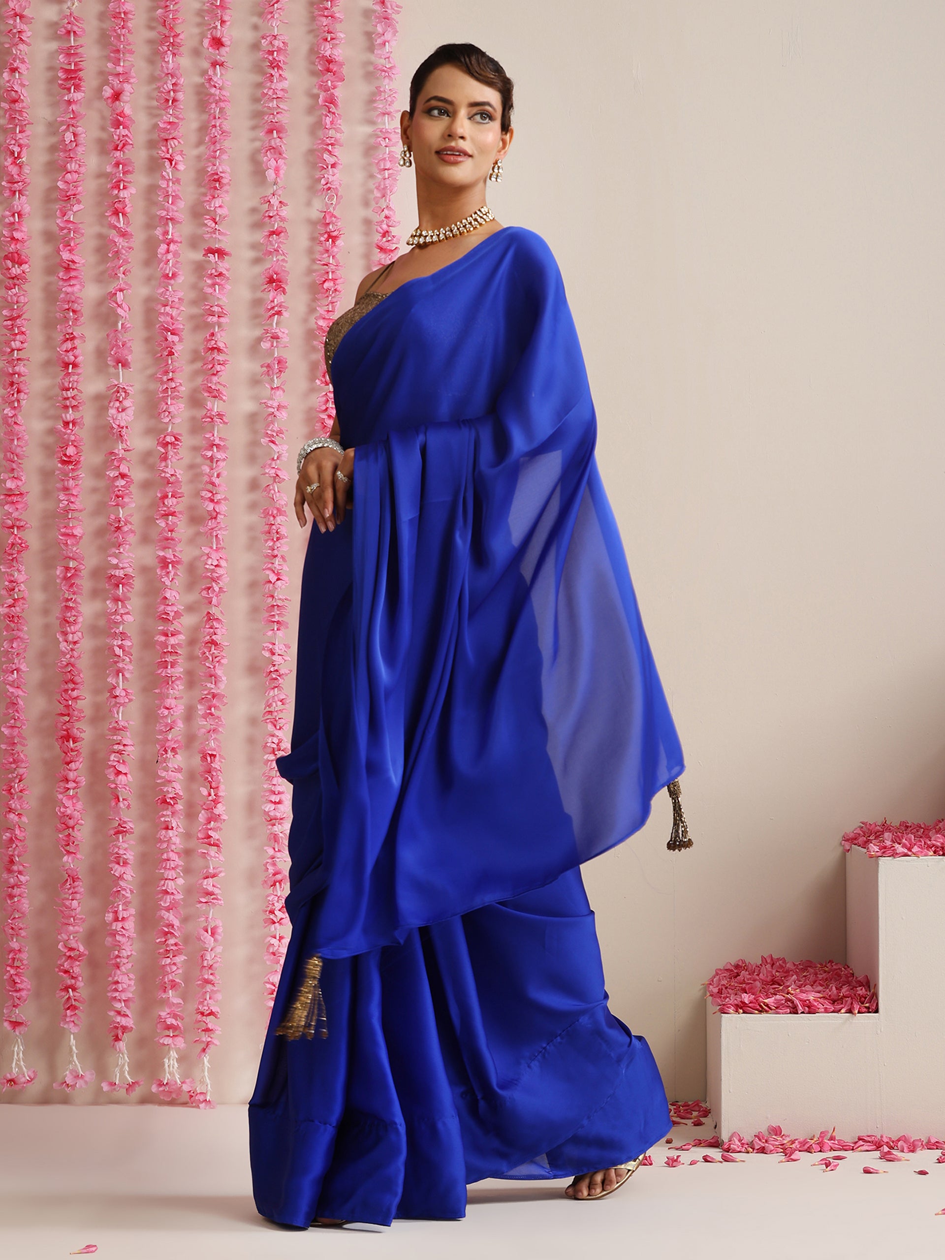 Electric Blue Solid Satin Saree with Tassels & Matching Blouse Fabric