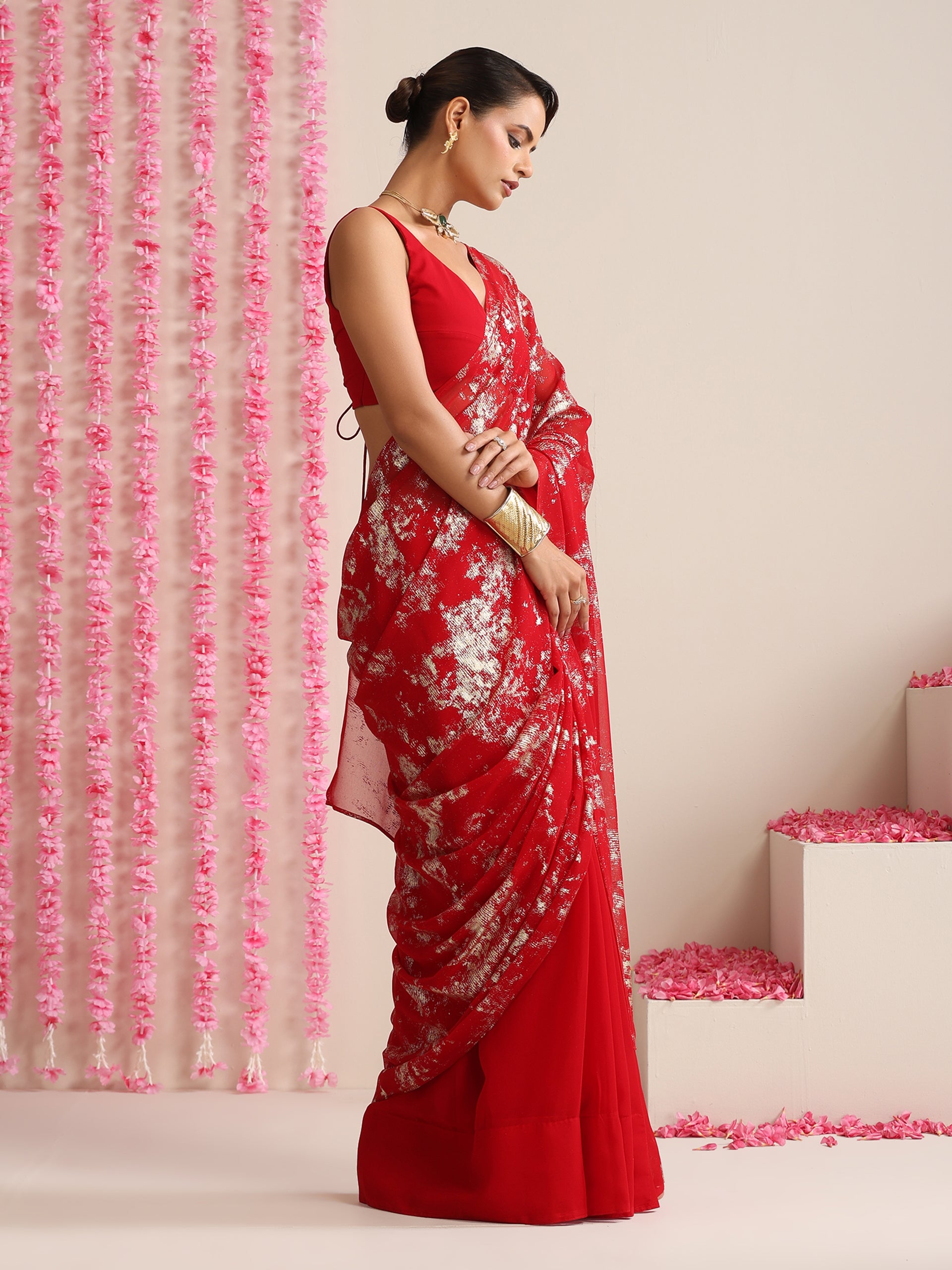 Red Georgette Saree with Gold Print & Blouse Fabric