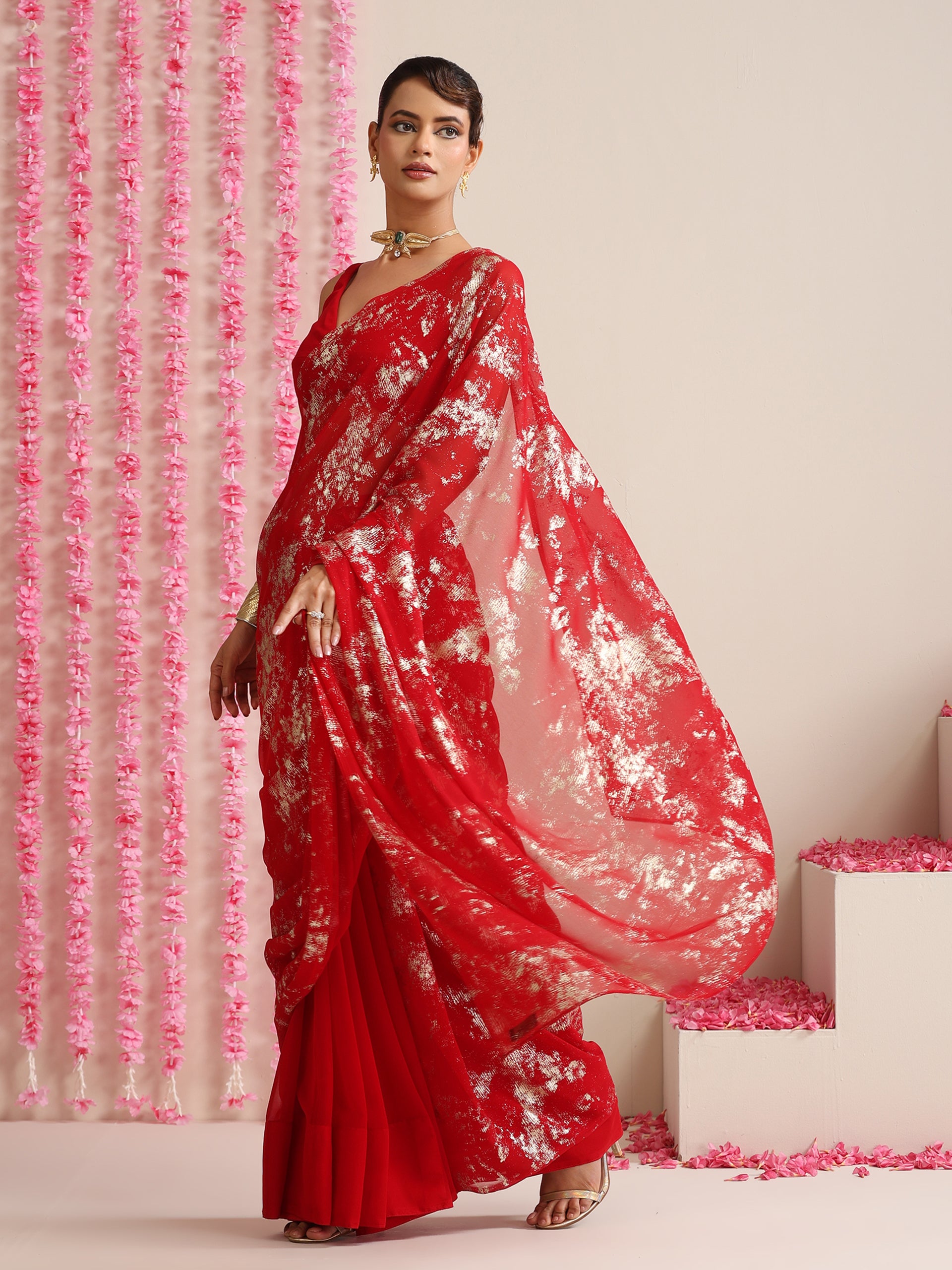 Red Georgette Saree with Gold Print & Blouse Fabric