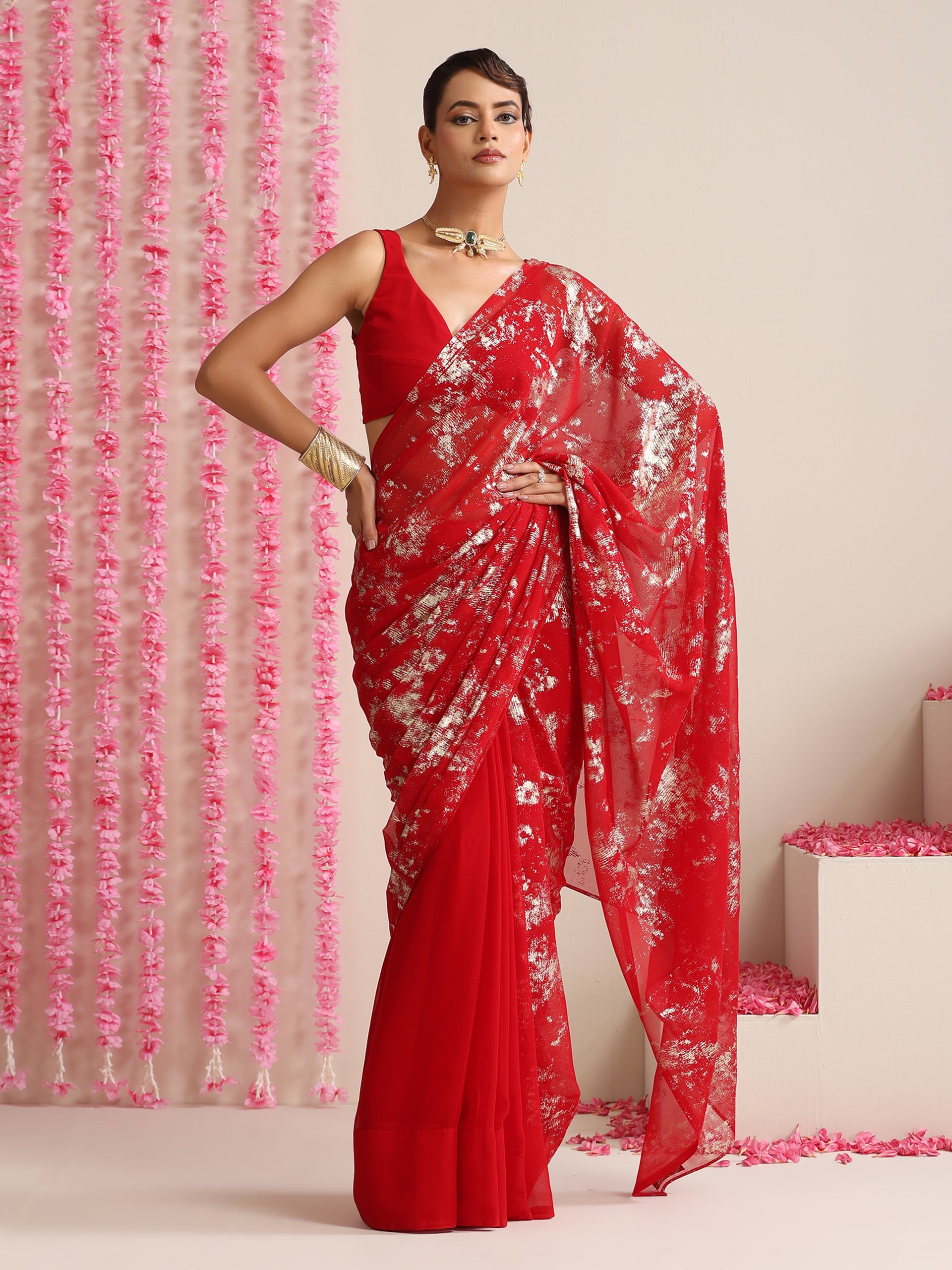 Red Georgette Saree with Gold Print & Blouse Fabric