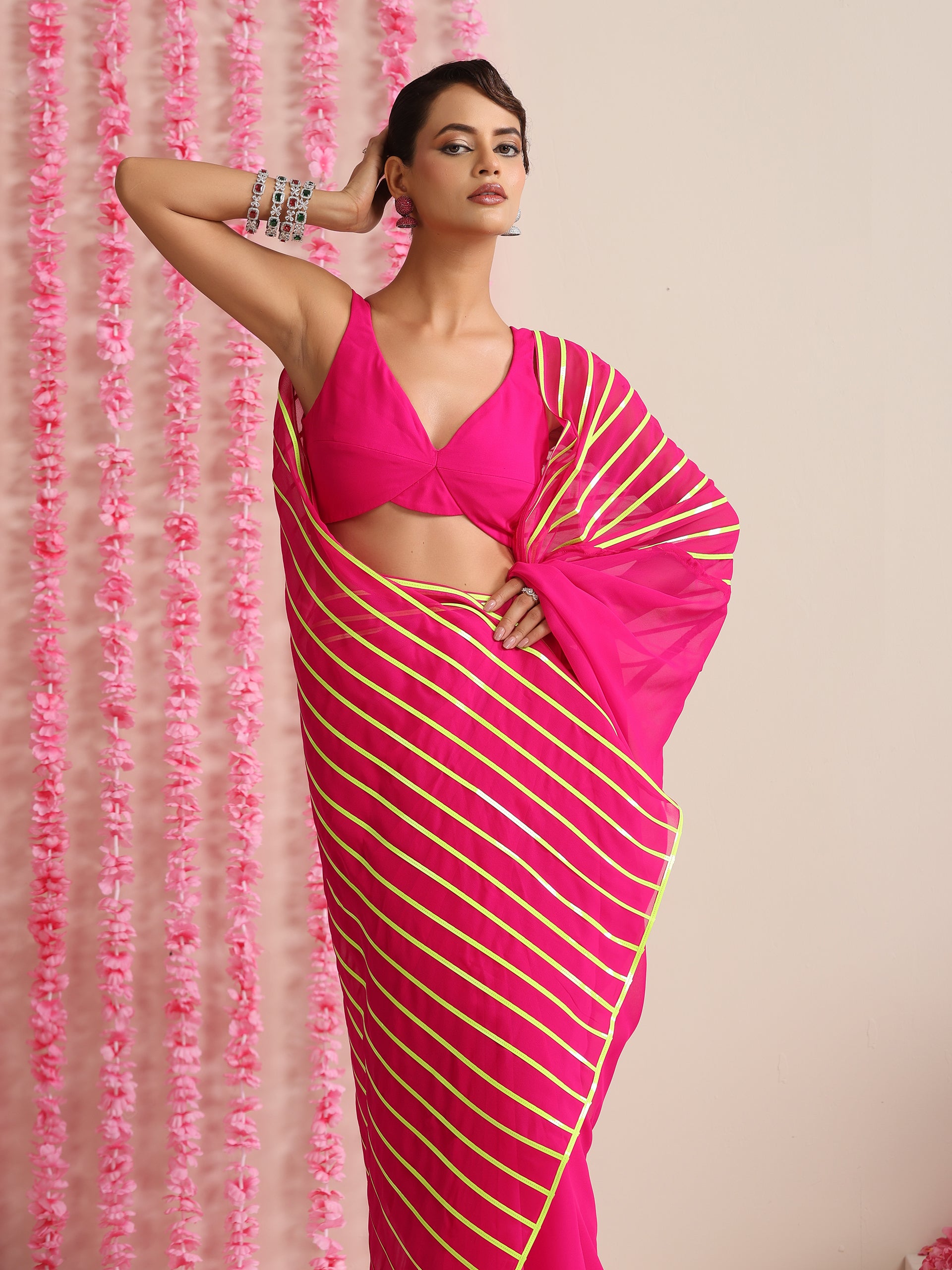 Pink and Dual Neon Green Pink Impression Georgette Saree with Blouse Fabric